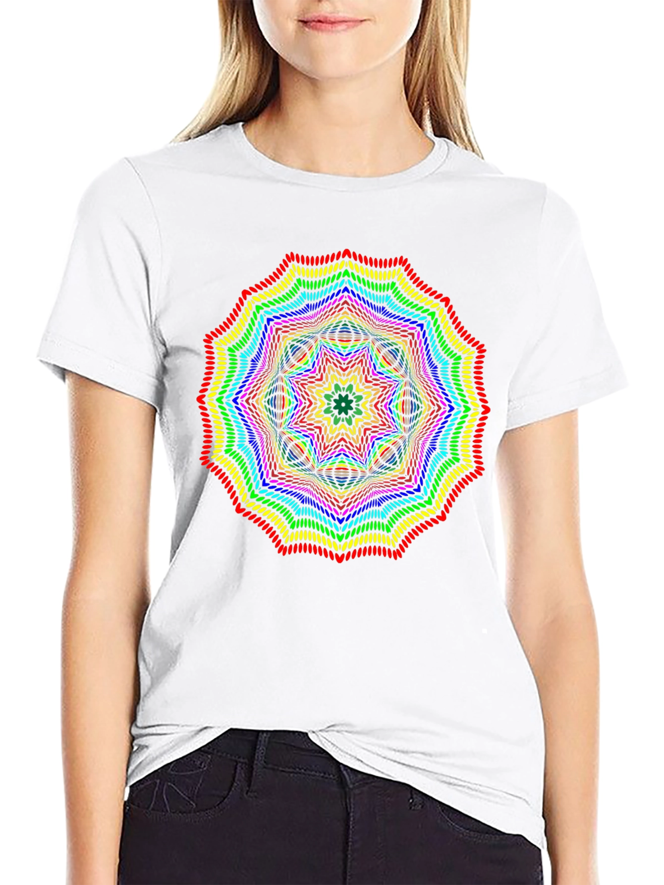 Rainbow Mandala Graphic T-Shirt - Black Crew Neck Tee