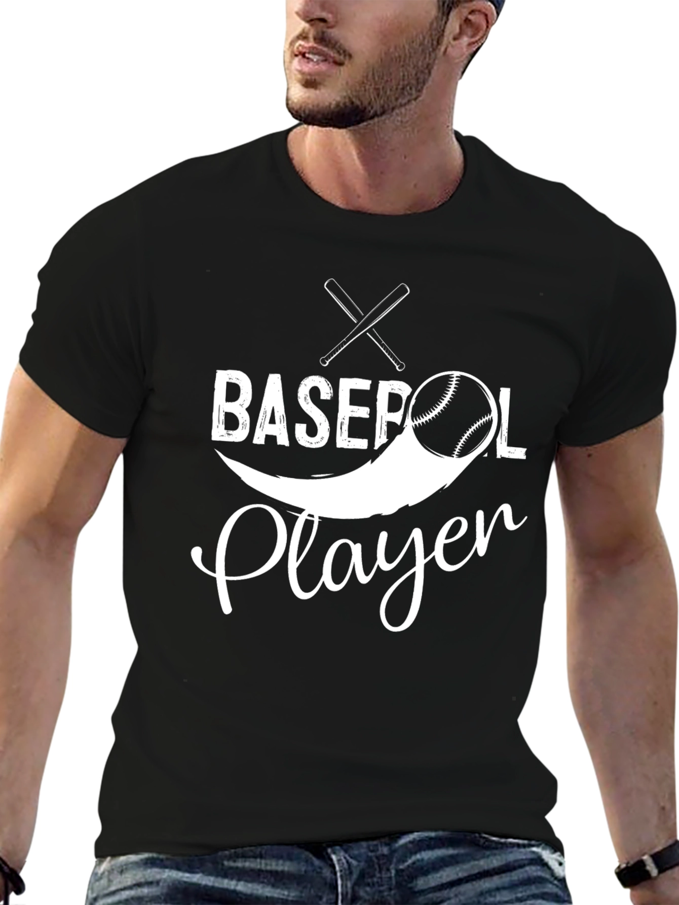 Baseball Player Graphic Tee - Black Cotton T-Shirt