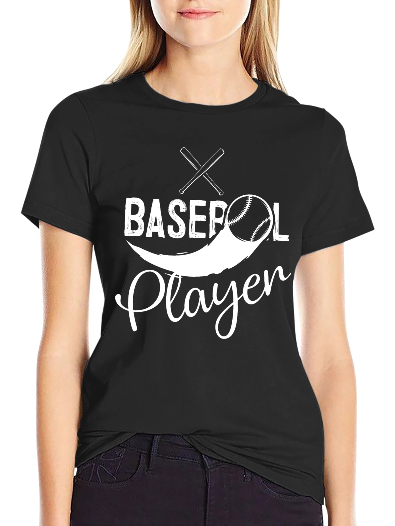 Baseball Player Graphic Tee - Black Cotton T-Shirt