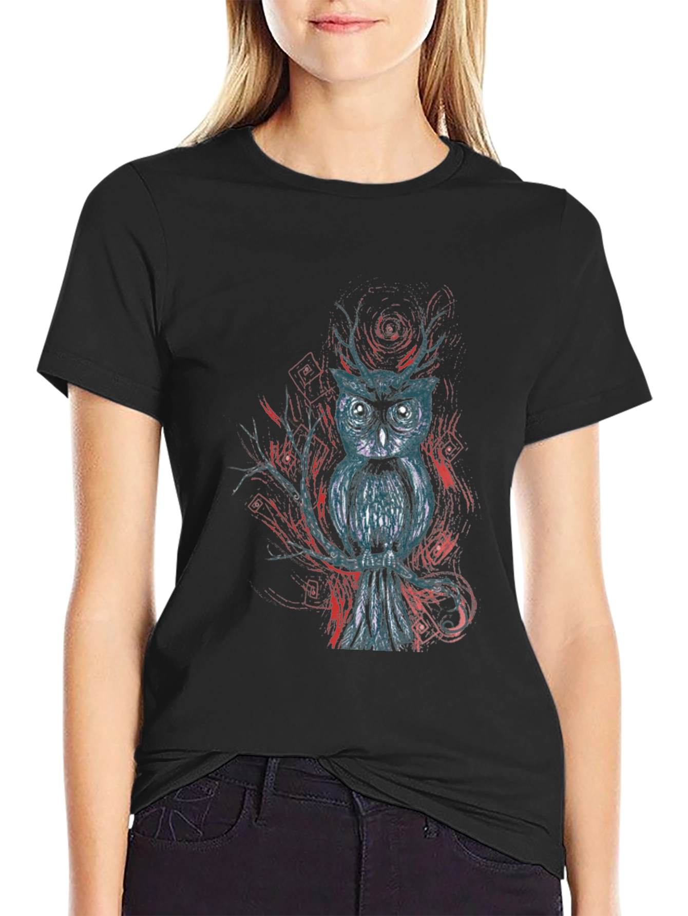 Owl Graphic Print Black T-Shirt
