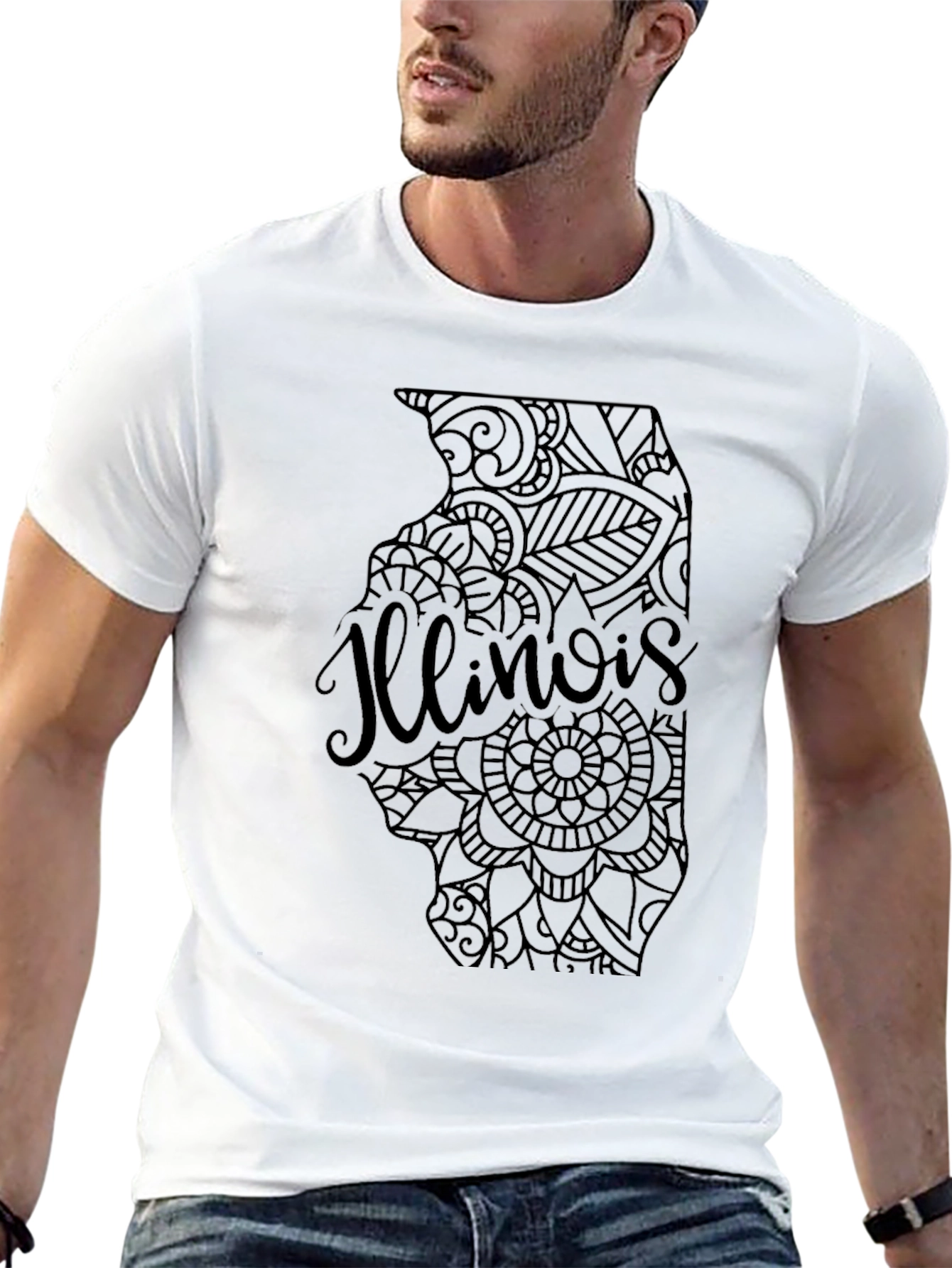 Illinois State Mandala Art Mens Black T-Shirt