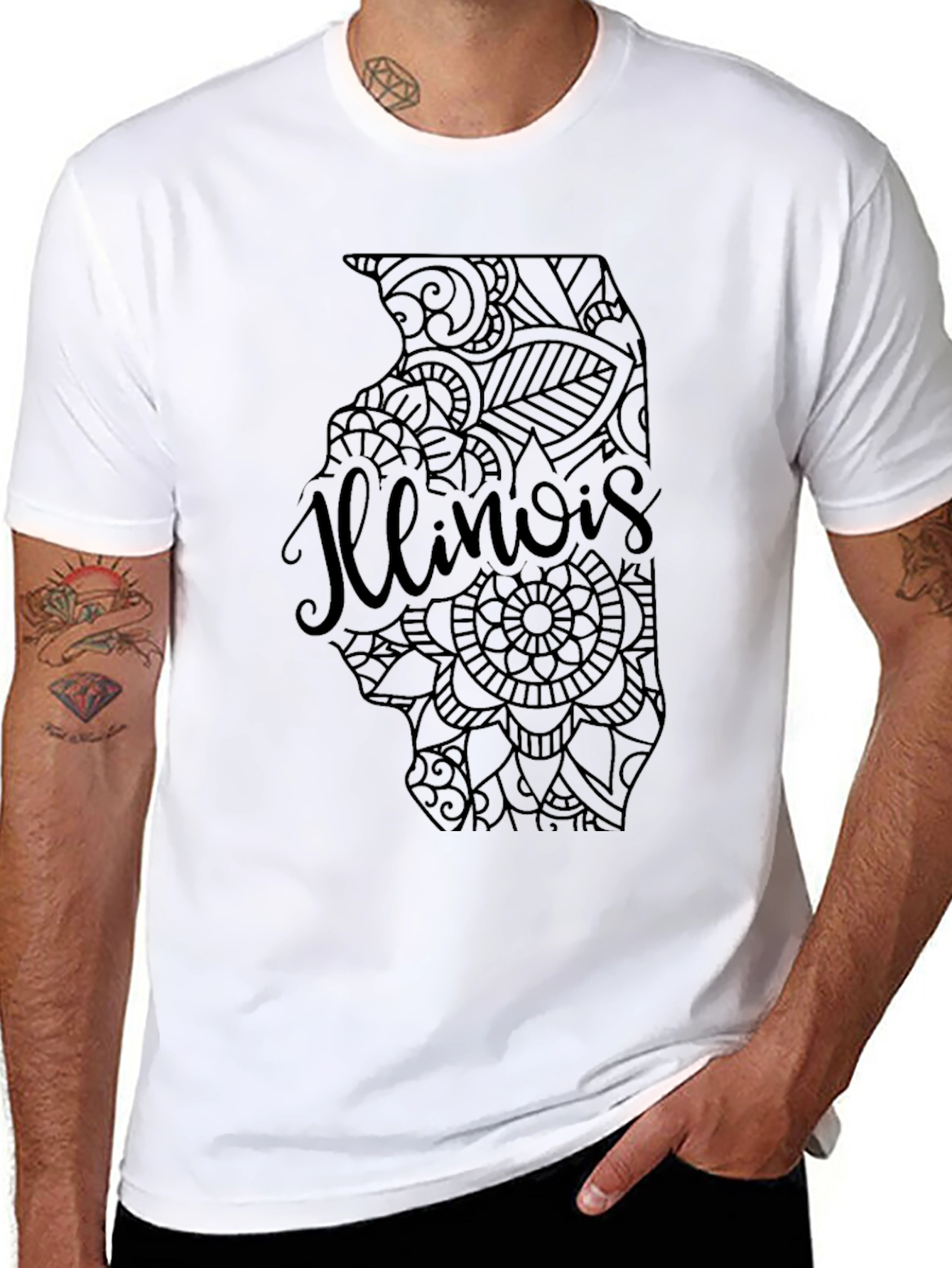 Illinois State Mandala Art Mens Black T-Shirt