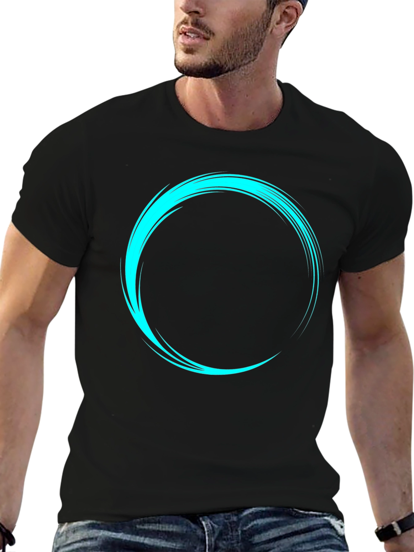 Mens Black T-Shirt with Cyan Circular Design