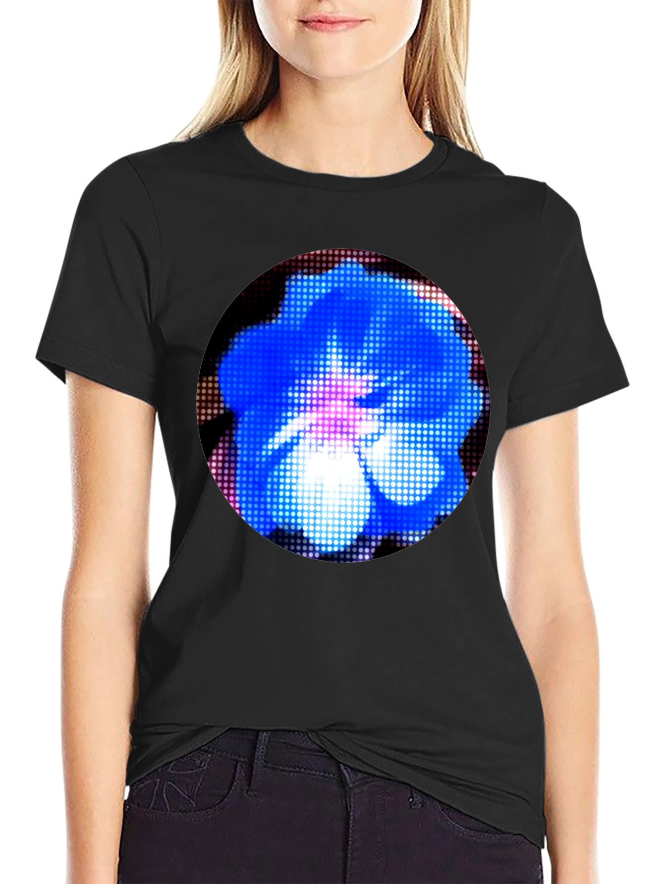 Blue Floral Pixel Art Graphic T-Shirt