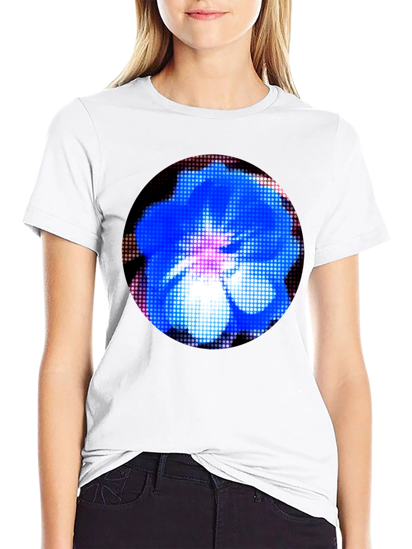 Blue Floral Pixel Art Graphic T-Shirt