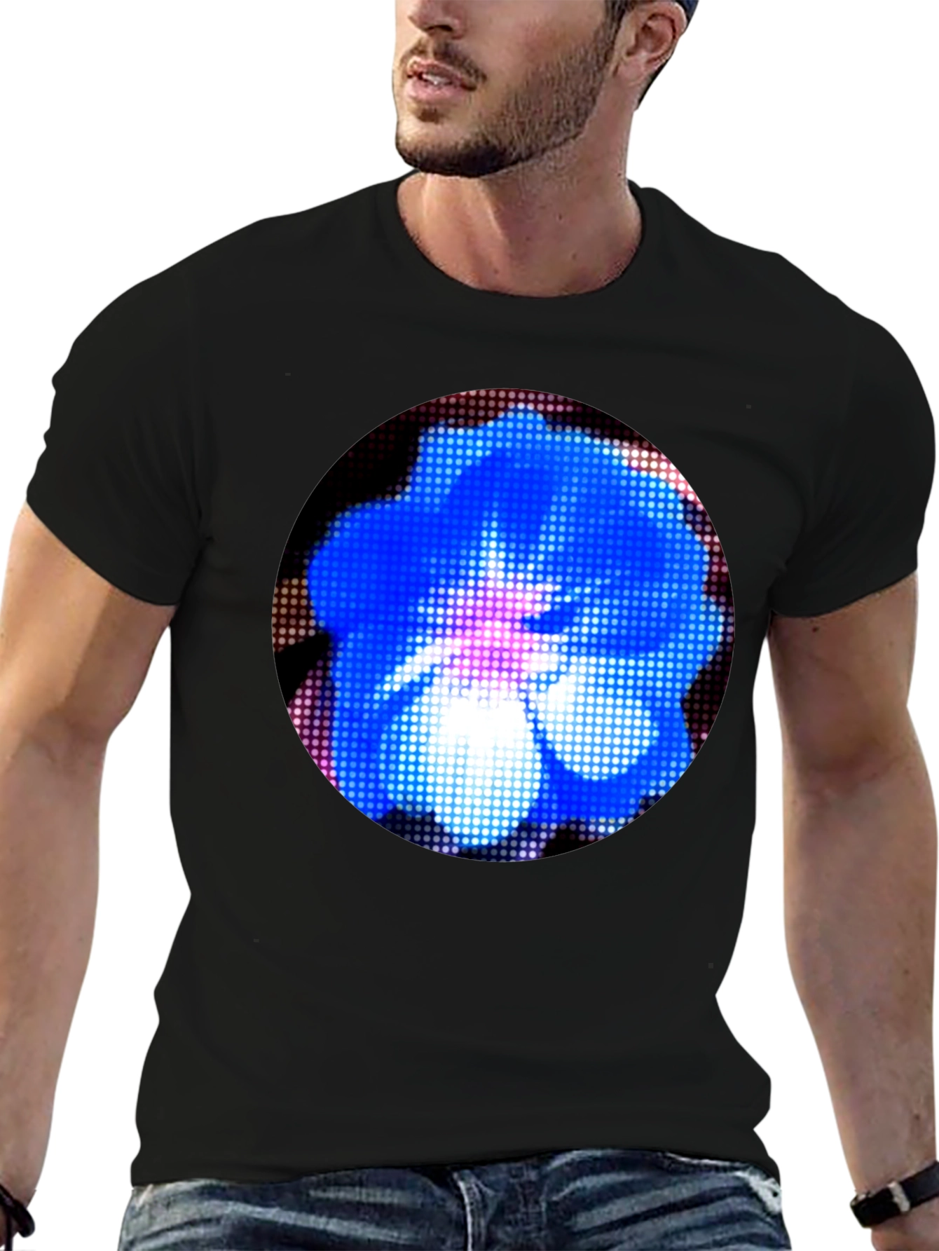 Blue Floral Pixel Art Graphic T-Shirt