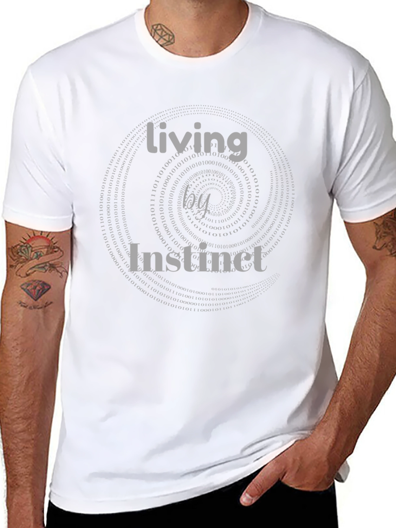 Living by Instinct T-Shirt - Binary Code Spiral Design