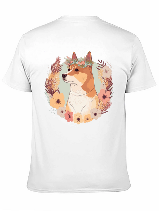 Floral Shiba Inu Graphic Tee - Soft Black Cotton Blend