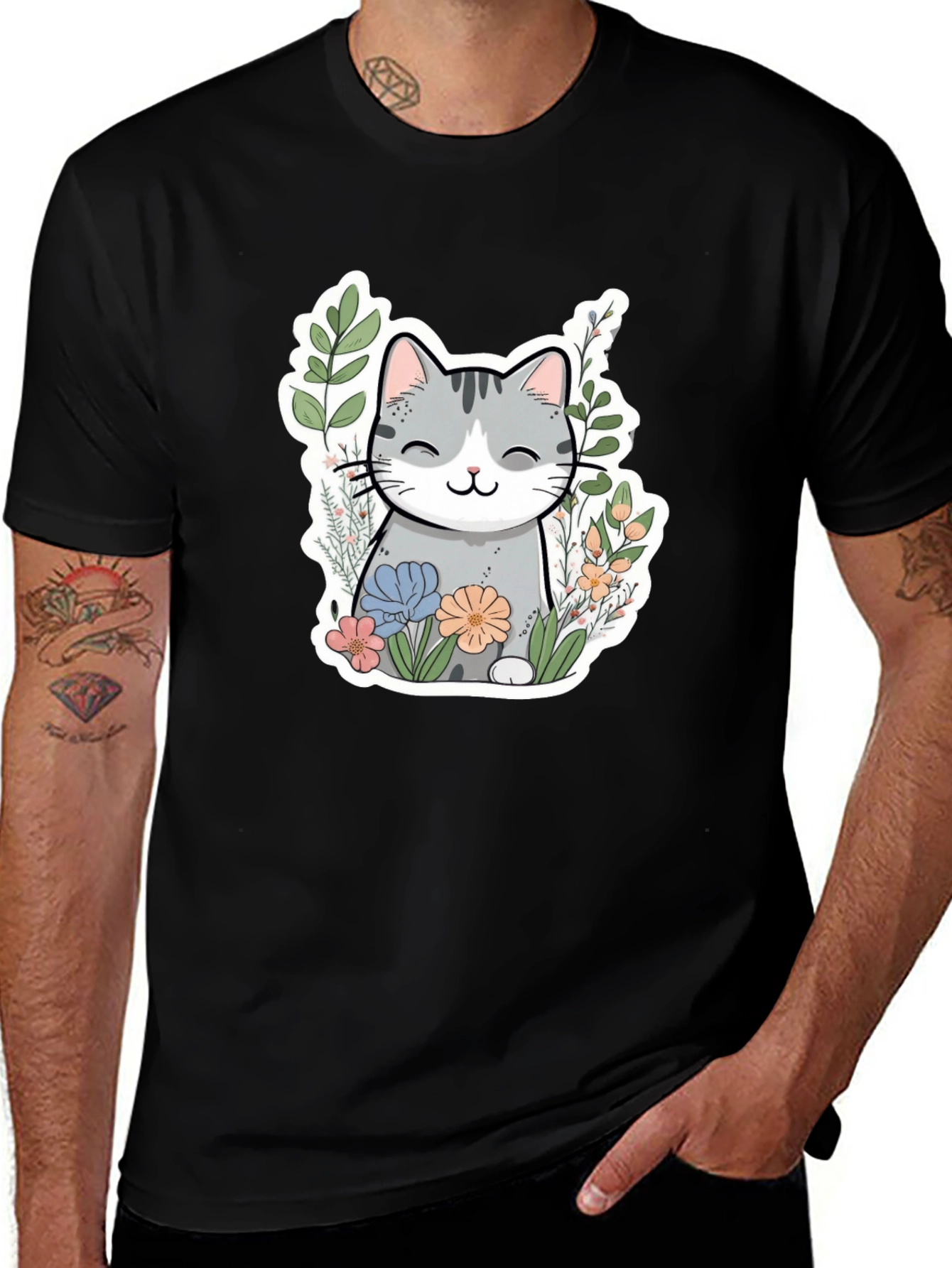 Cat in Flowers Graphic T-Shirt