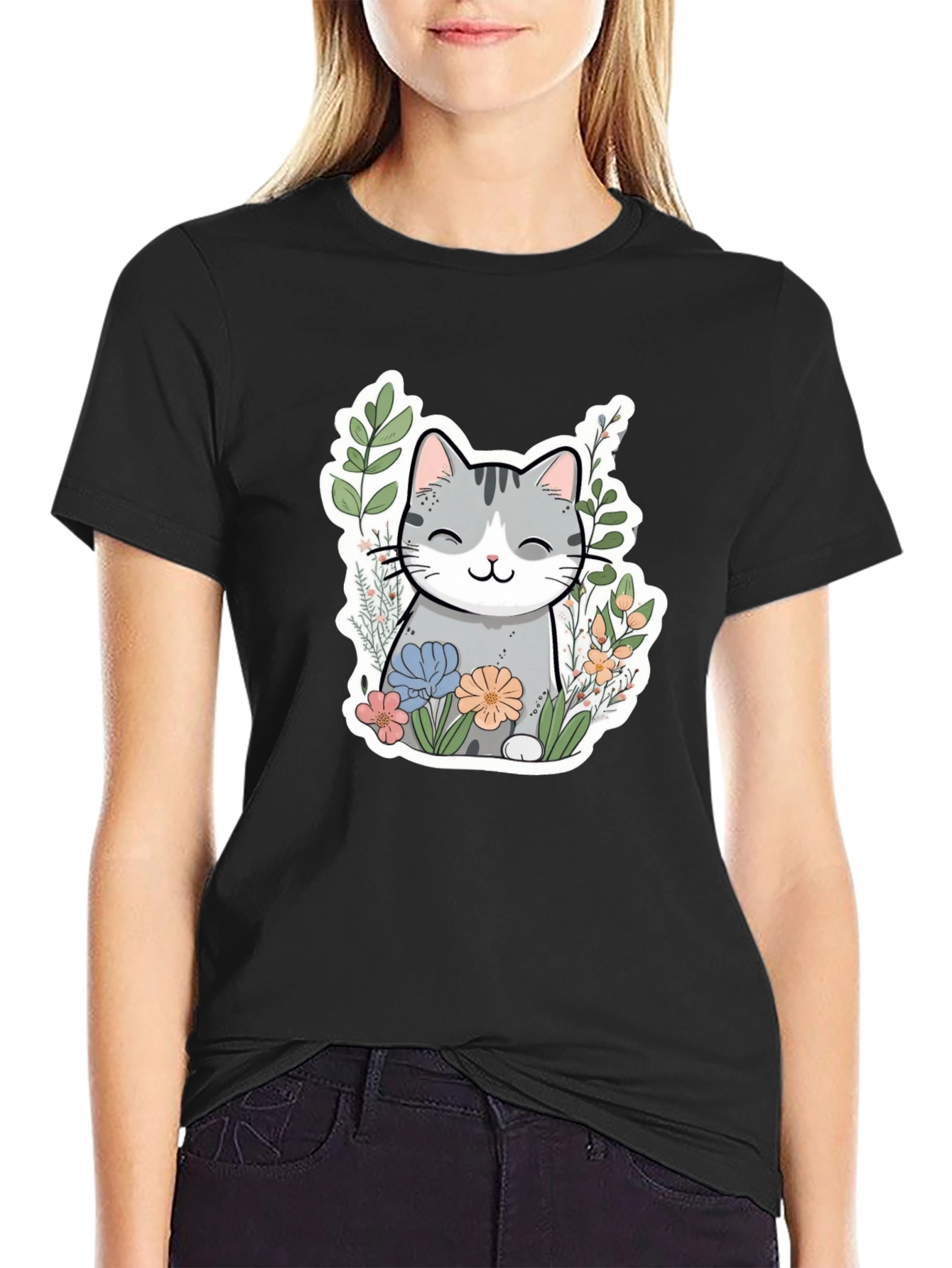 Cat in Flowers Graphic T-Shirt