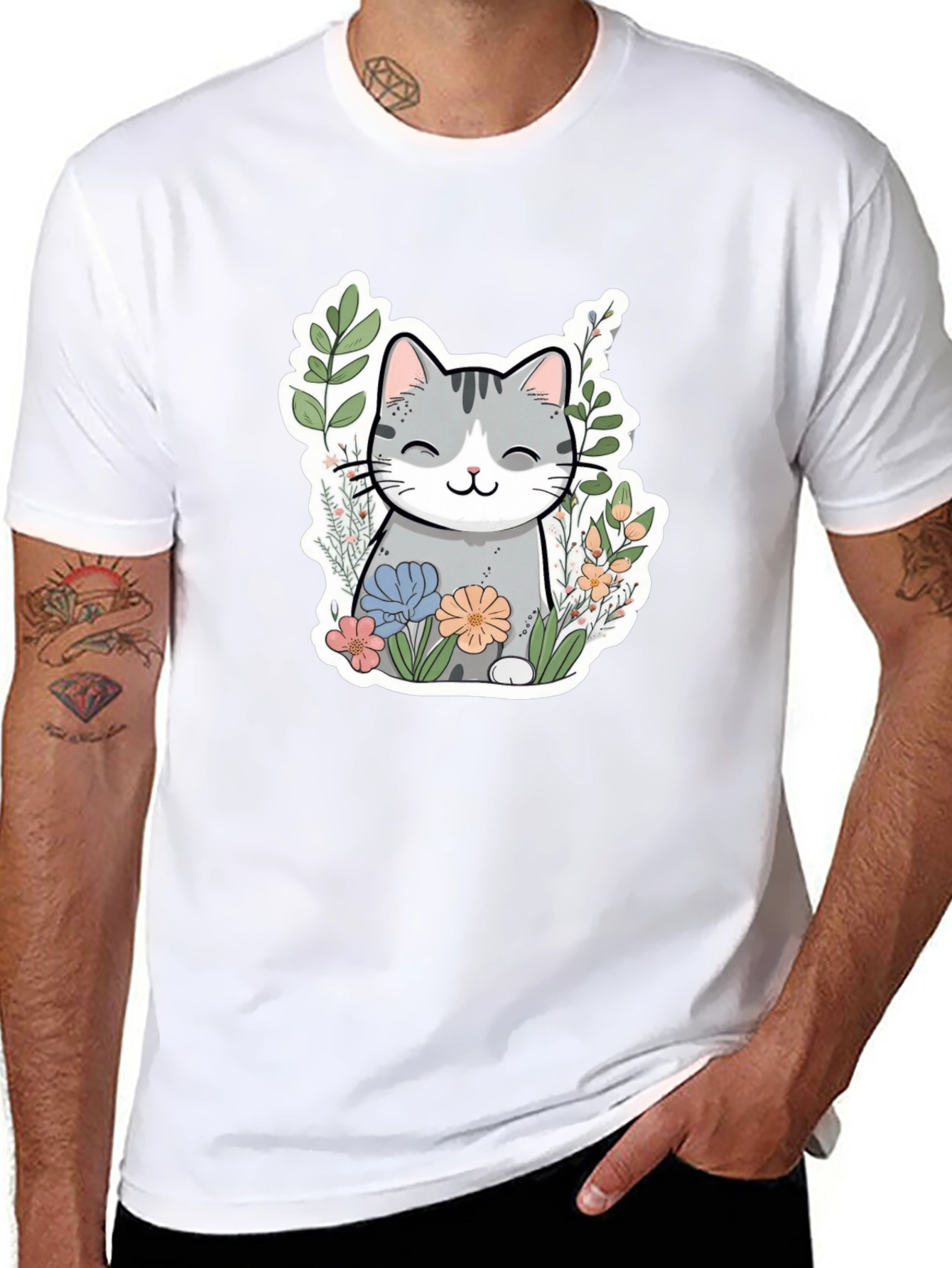 Cat in Flowers Graphic T-Shirt