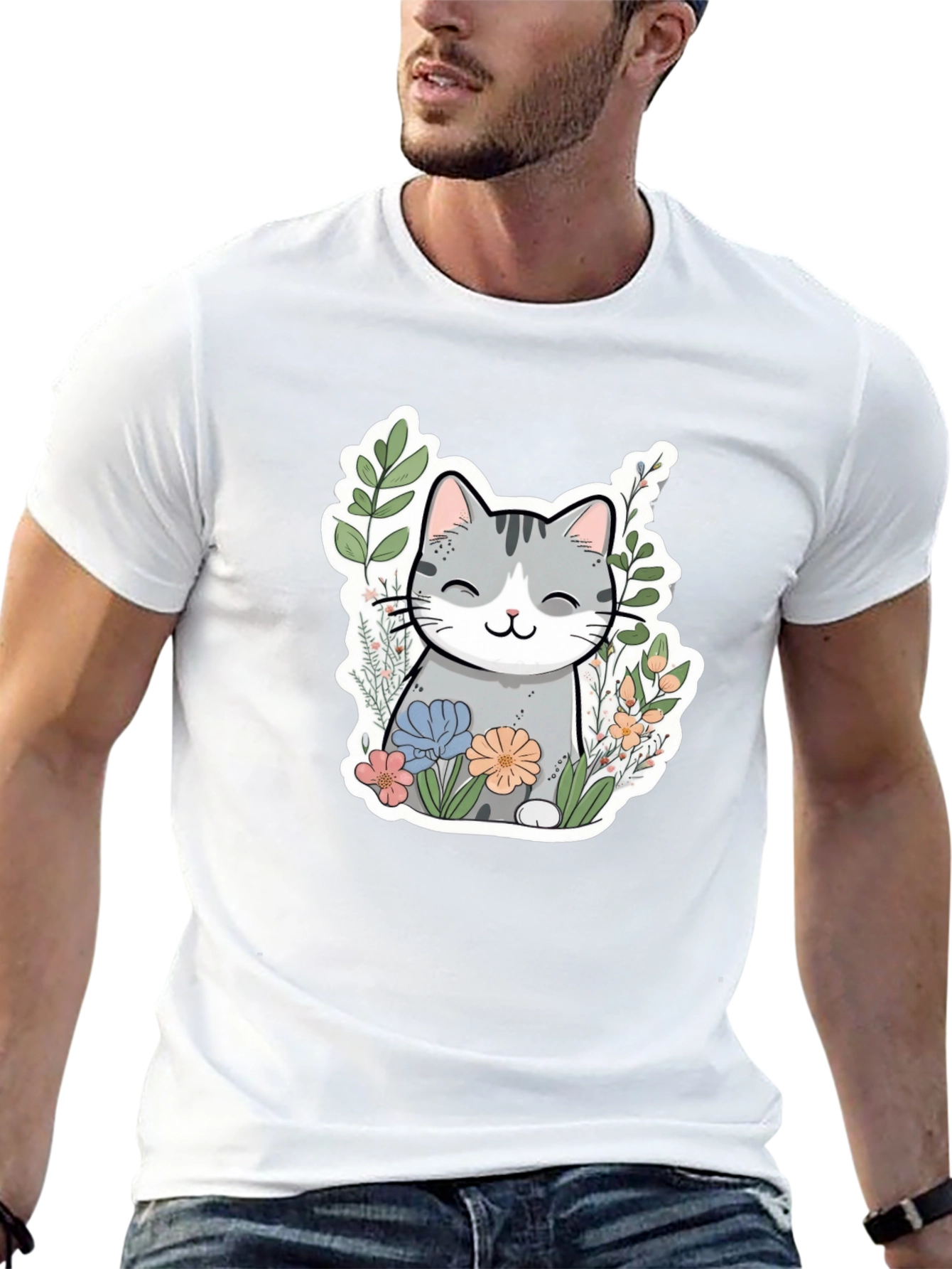 Cat in Flowers Graphic T-Shirt