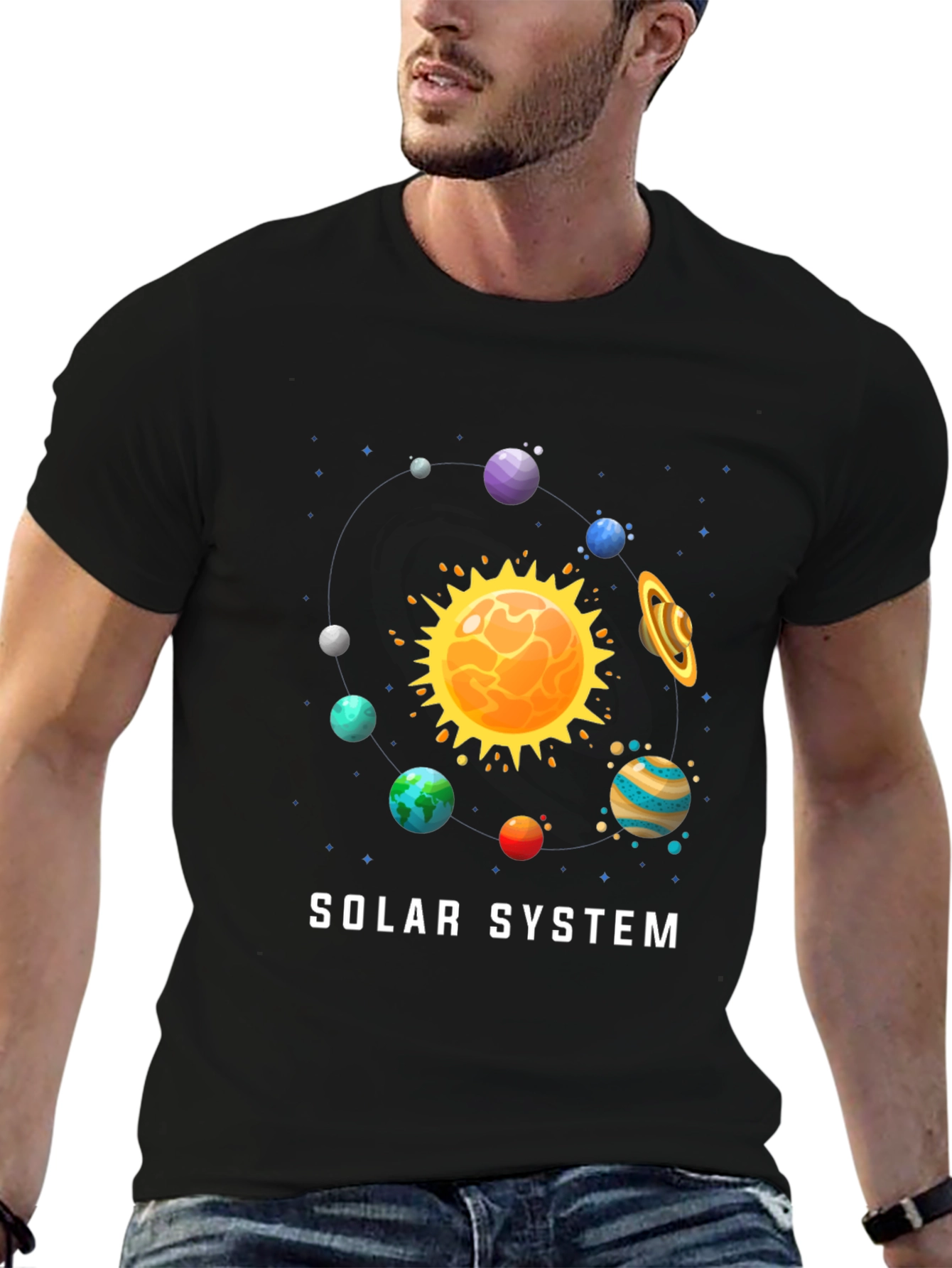 Solar System Graphic Print Black T-Shirt
