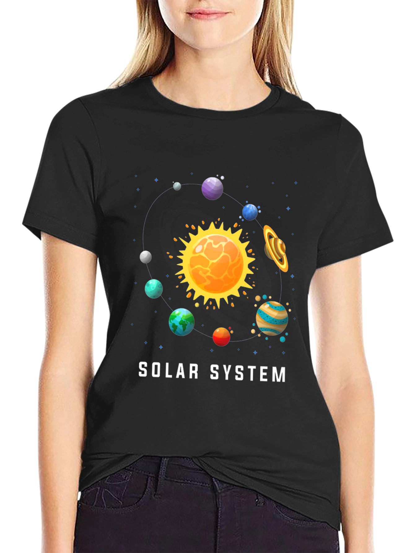 Solar System Graphic Print Black T-Shirt