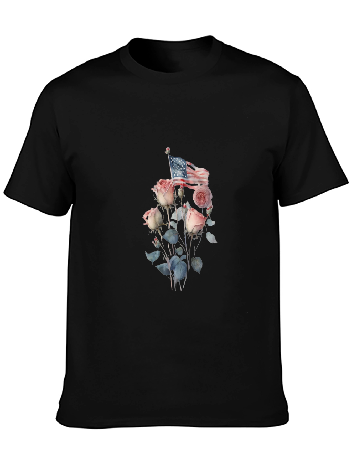 Floral American Flag Graphic Tee - Black