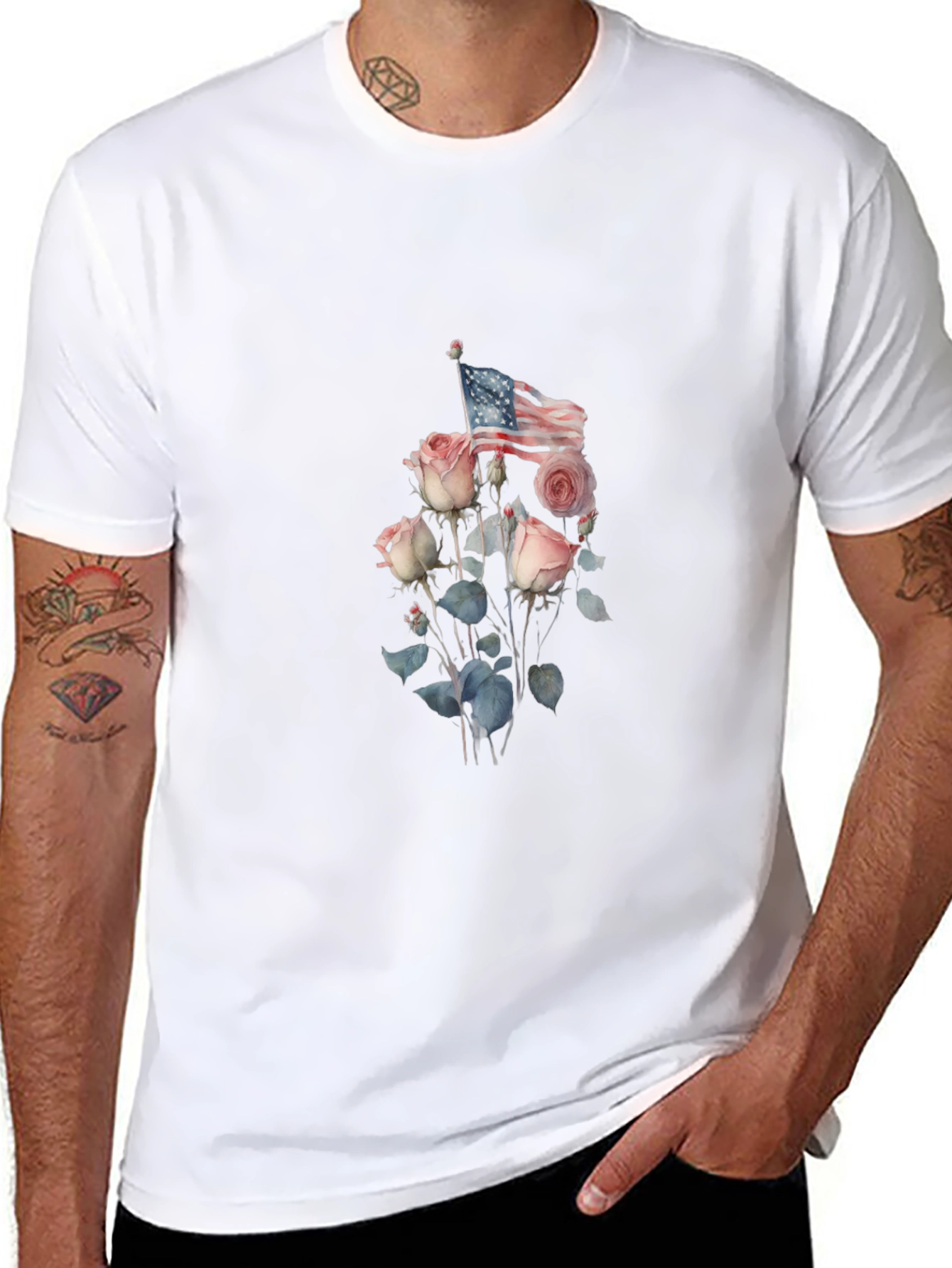 Floral American Flag Graphic Tee - Black