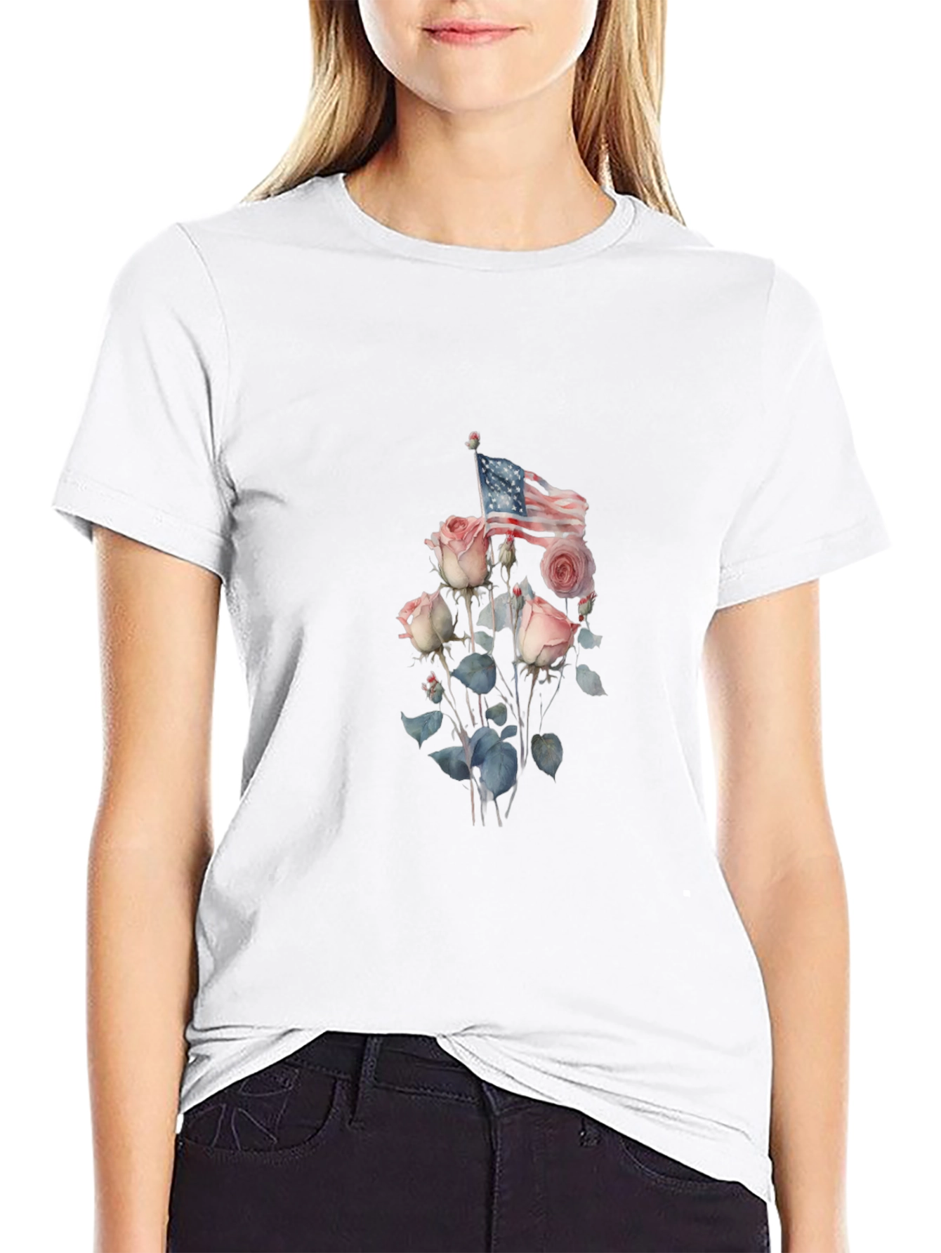 Floral American Flag Graphic Tee - Black