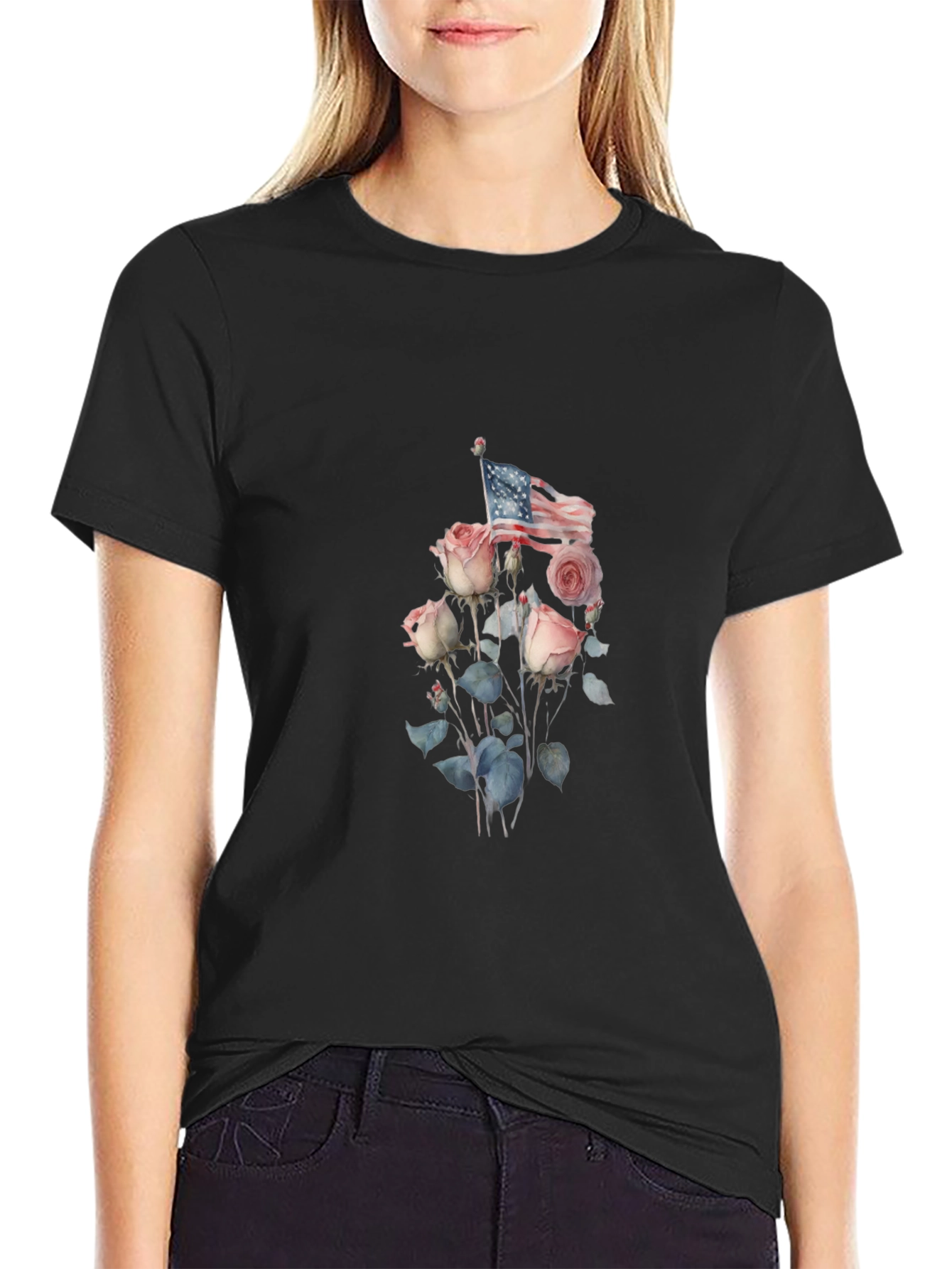 Floral American Flag Graphic Tee - Black