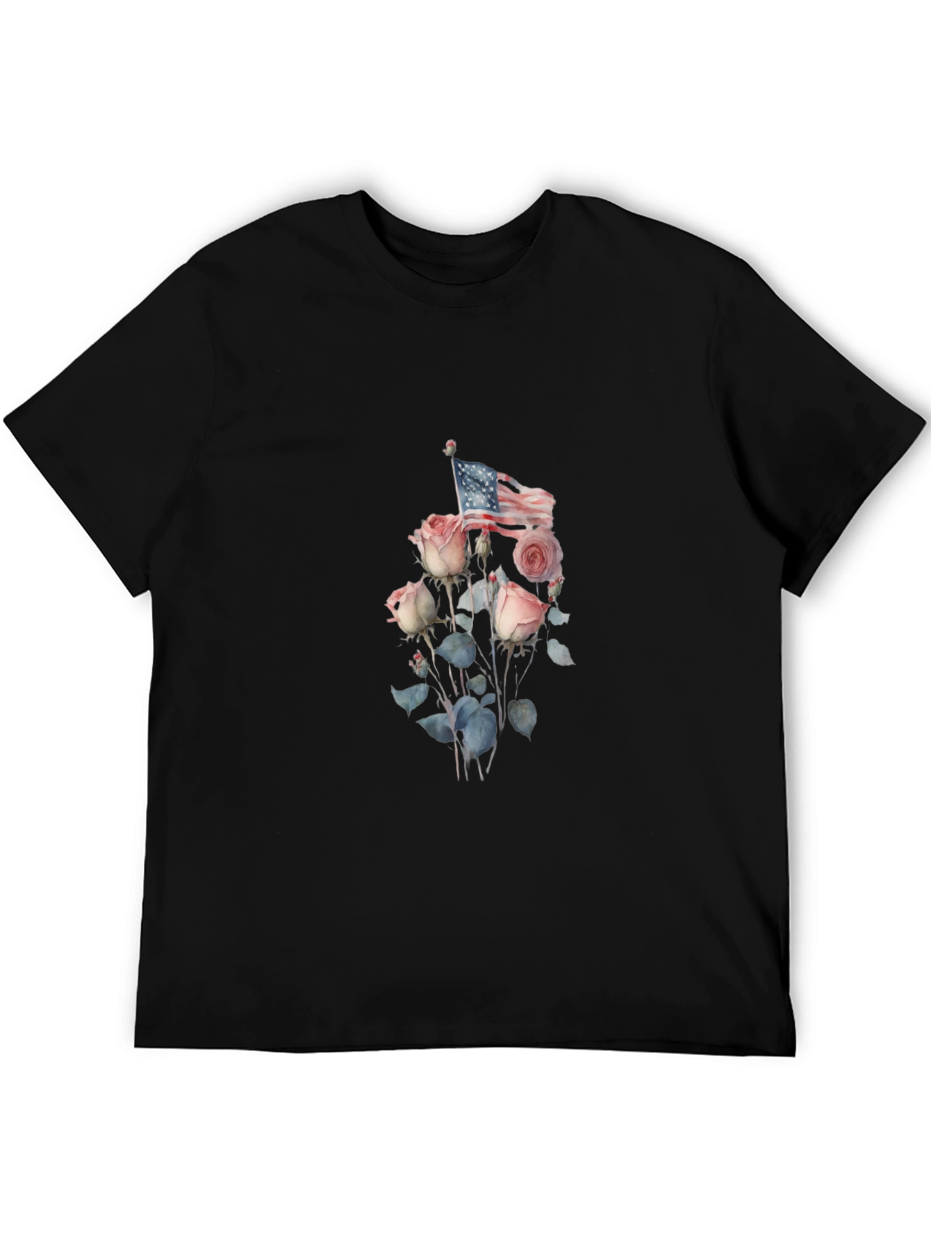 Floral American Flag Graphic Tee - Black