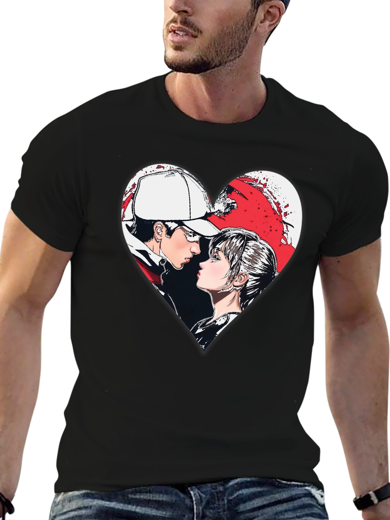 Anime Couple Heart Graphic T-Shirt