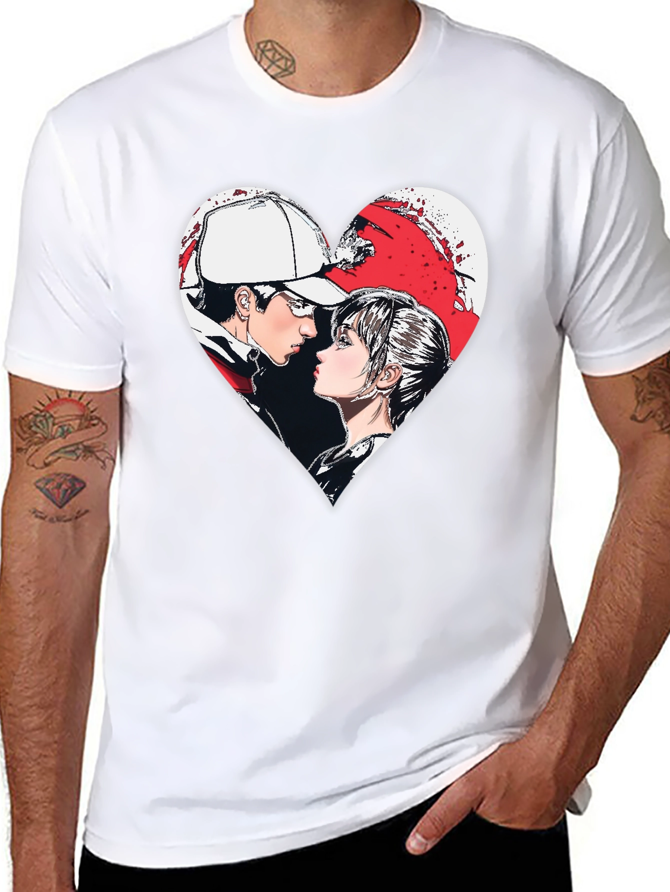 Anime Couple Heart Graphic T-Shirt