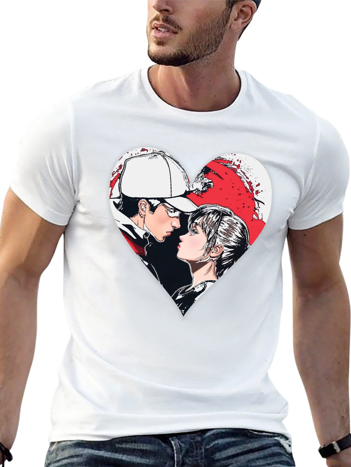Anime Couple Heart Graphic T-Shirt