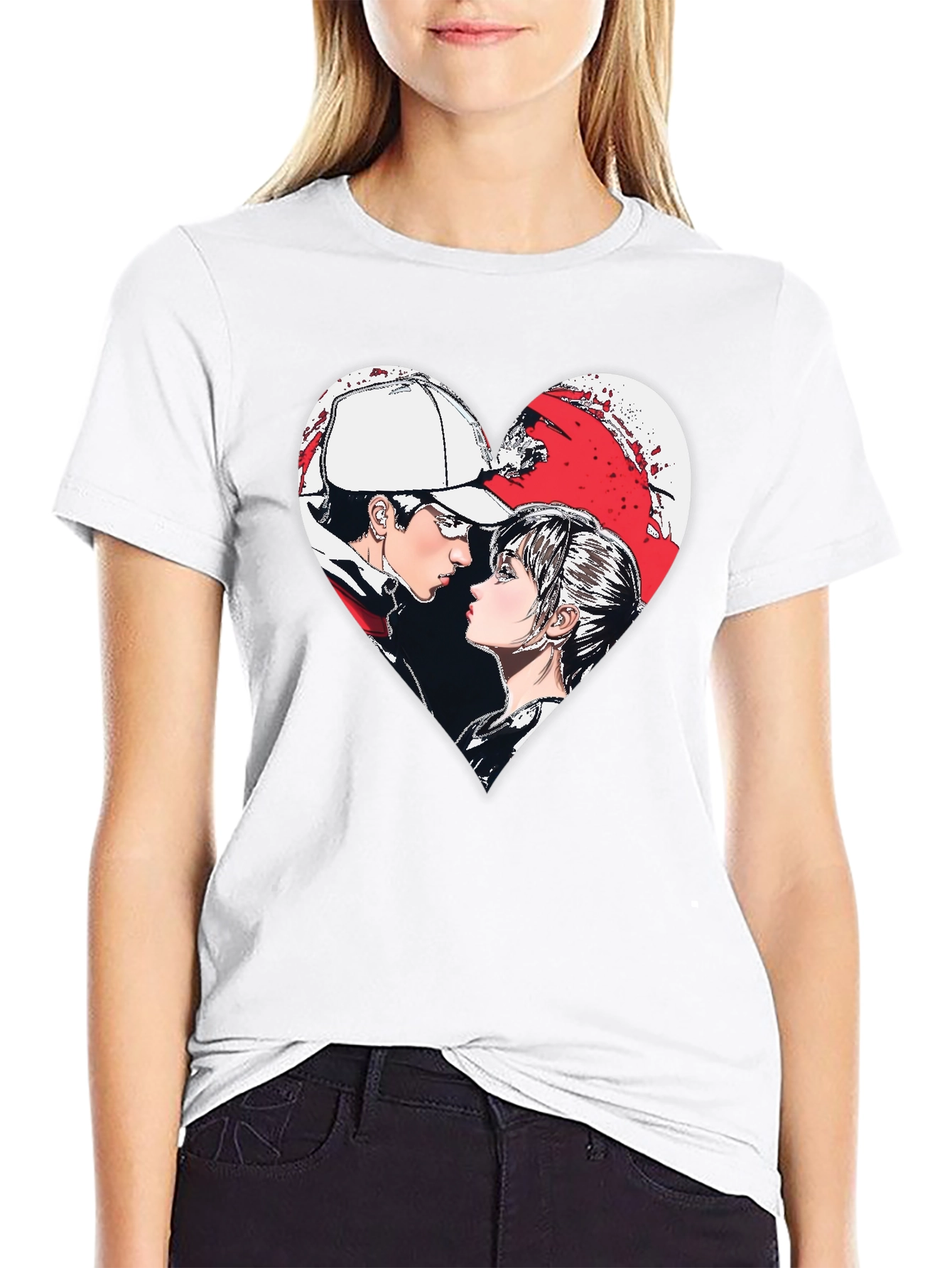 Anime Couple Heart Graphic T-Shirt