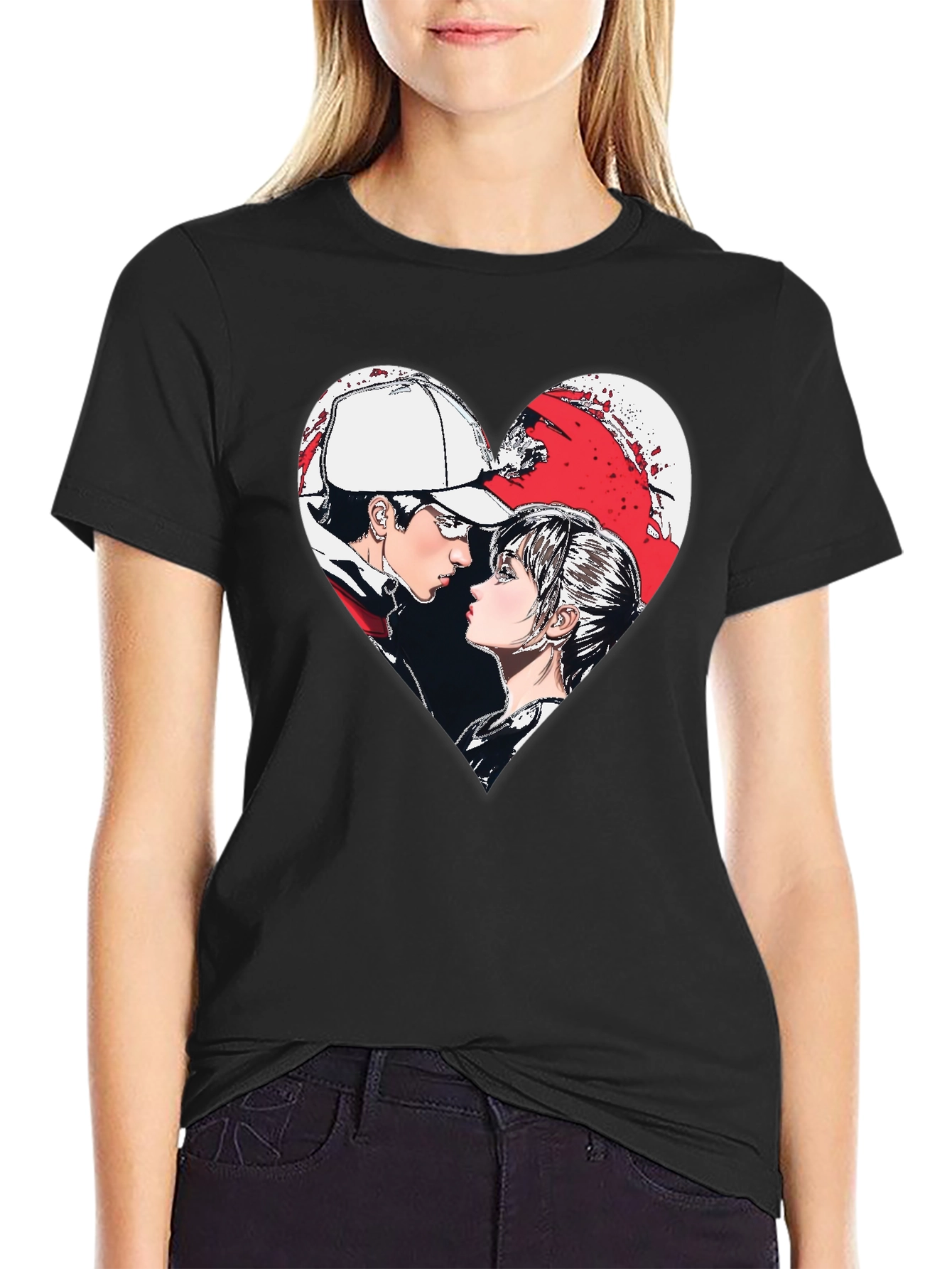 Anime Couple Heart Graphic T-Shirt