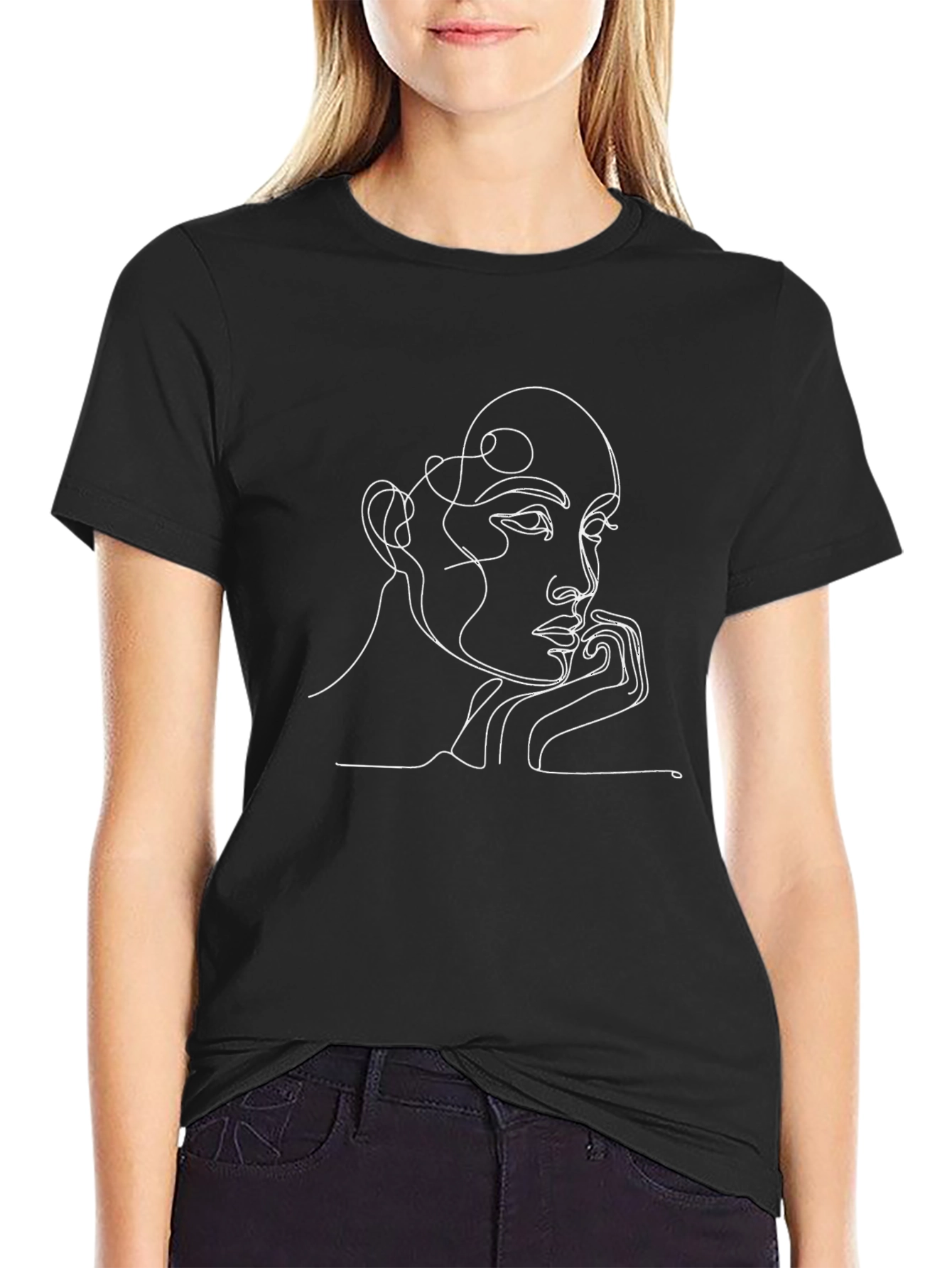 Abstract Line Art Face Graphic Tee - Black