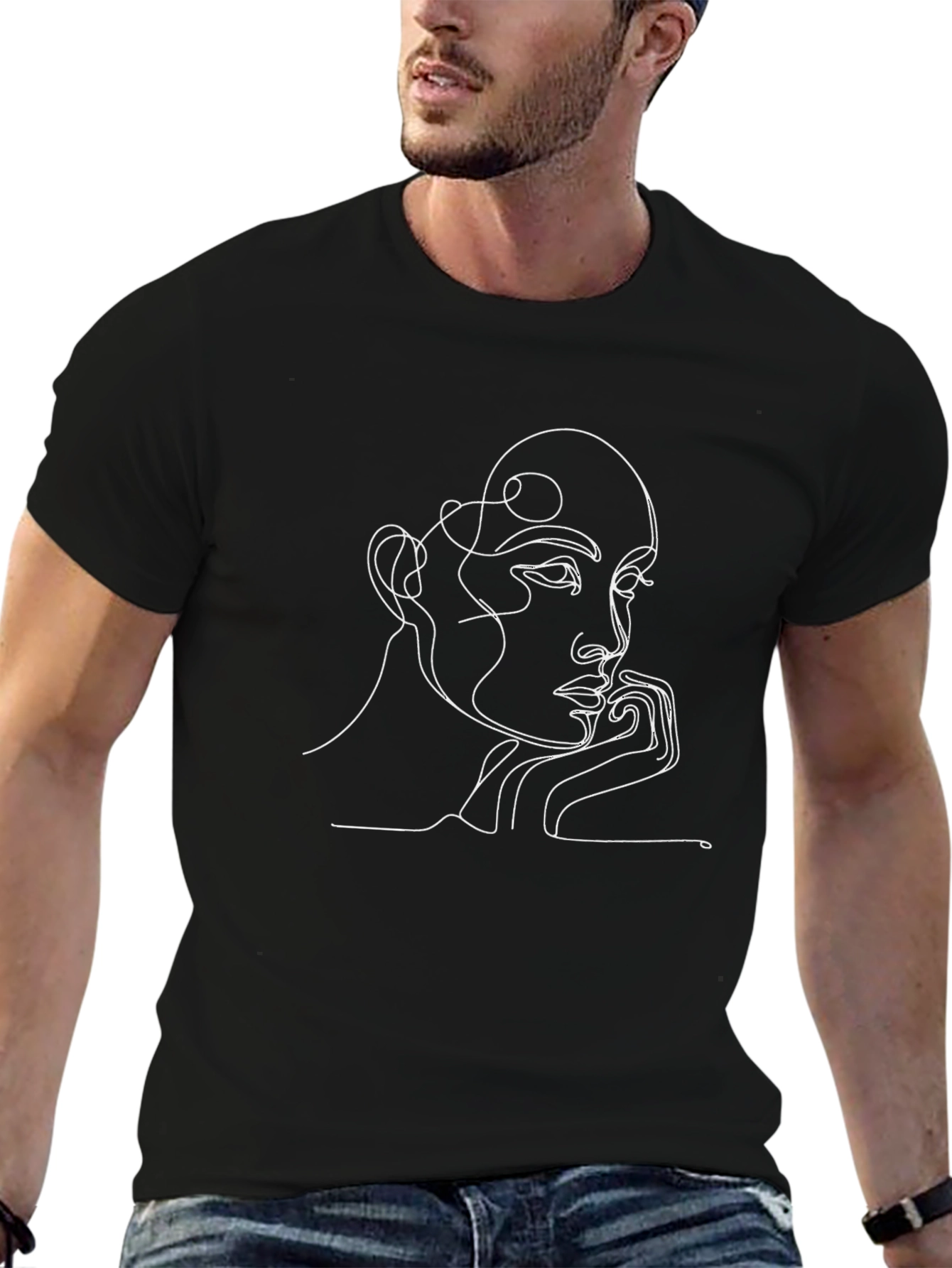 Abstract Line Art Face Graphic Tee - Black
