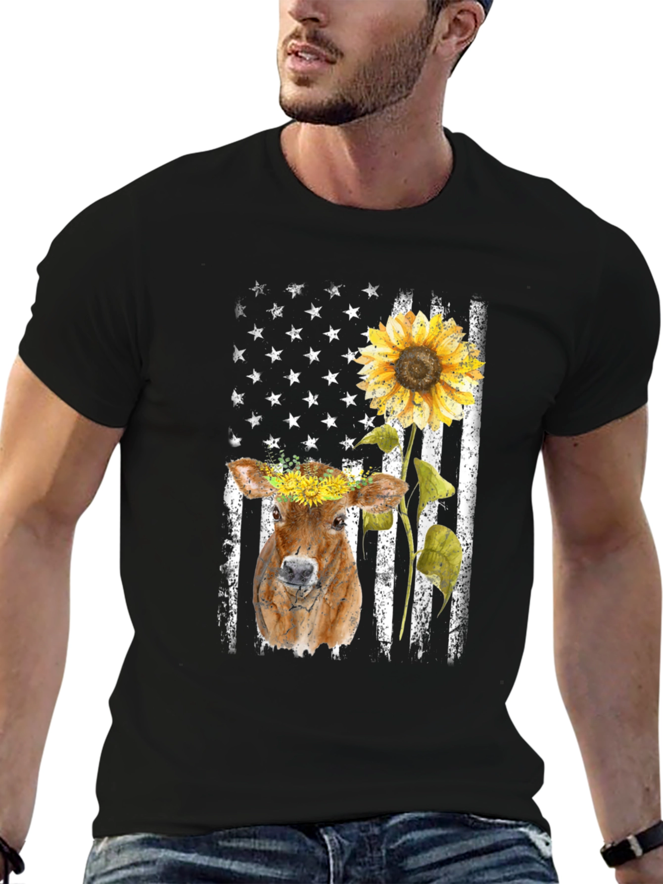 Cow Sunflower American Flag T-Shirt
