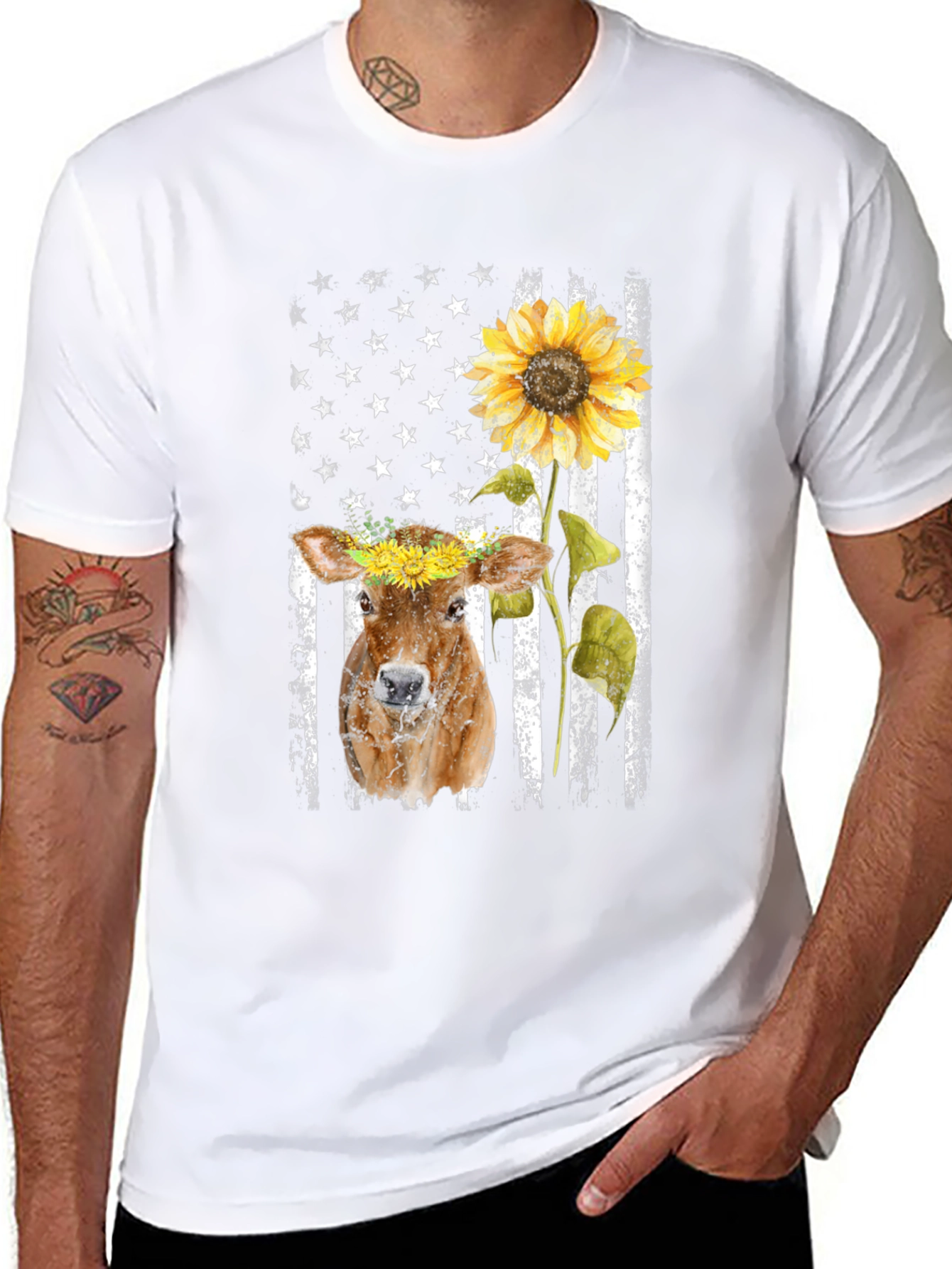 Cow Sunflower American Flag T-Shirt