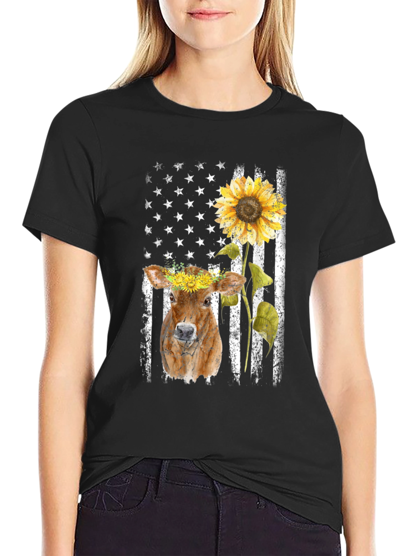 Cow Sunflower American Flag T-Shirt