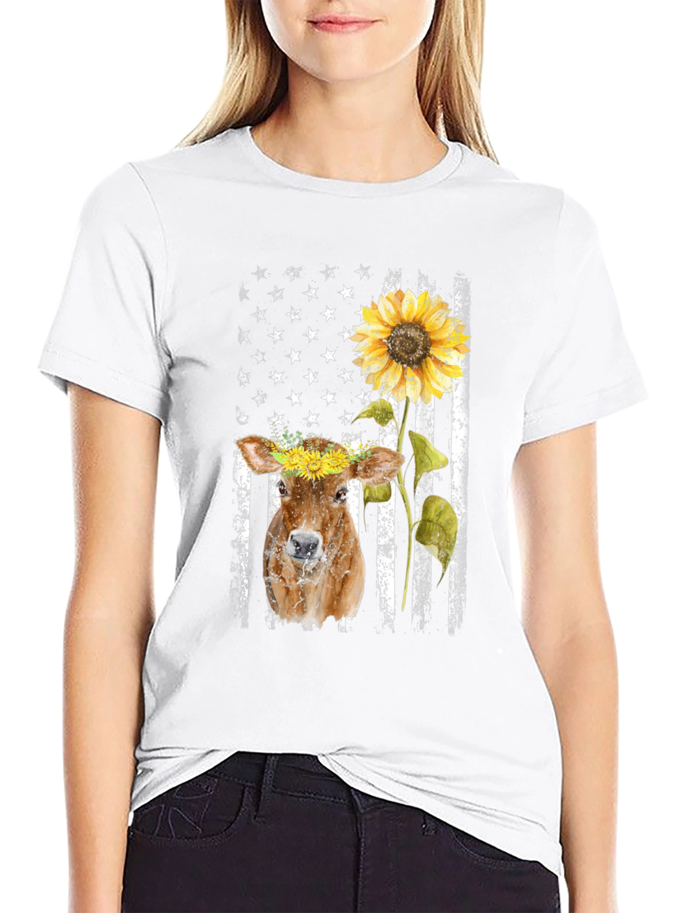 Cow Sunflower American Flag T-Shirt