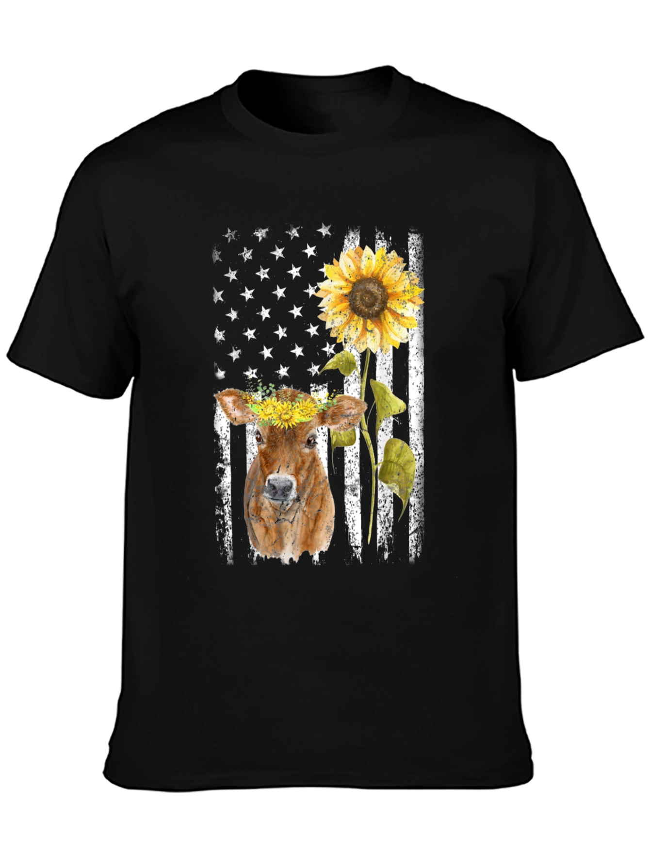 Cow Sunflower American Flag T-Shirt