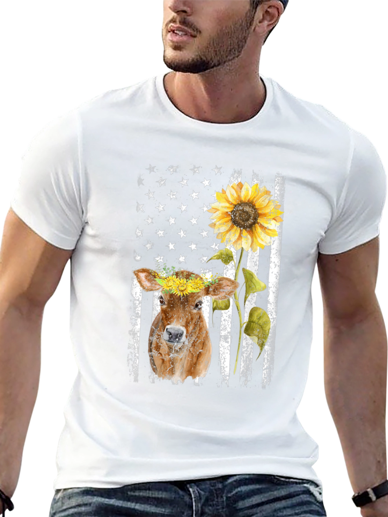 Cow Sunflower American Flag T-Shirt