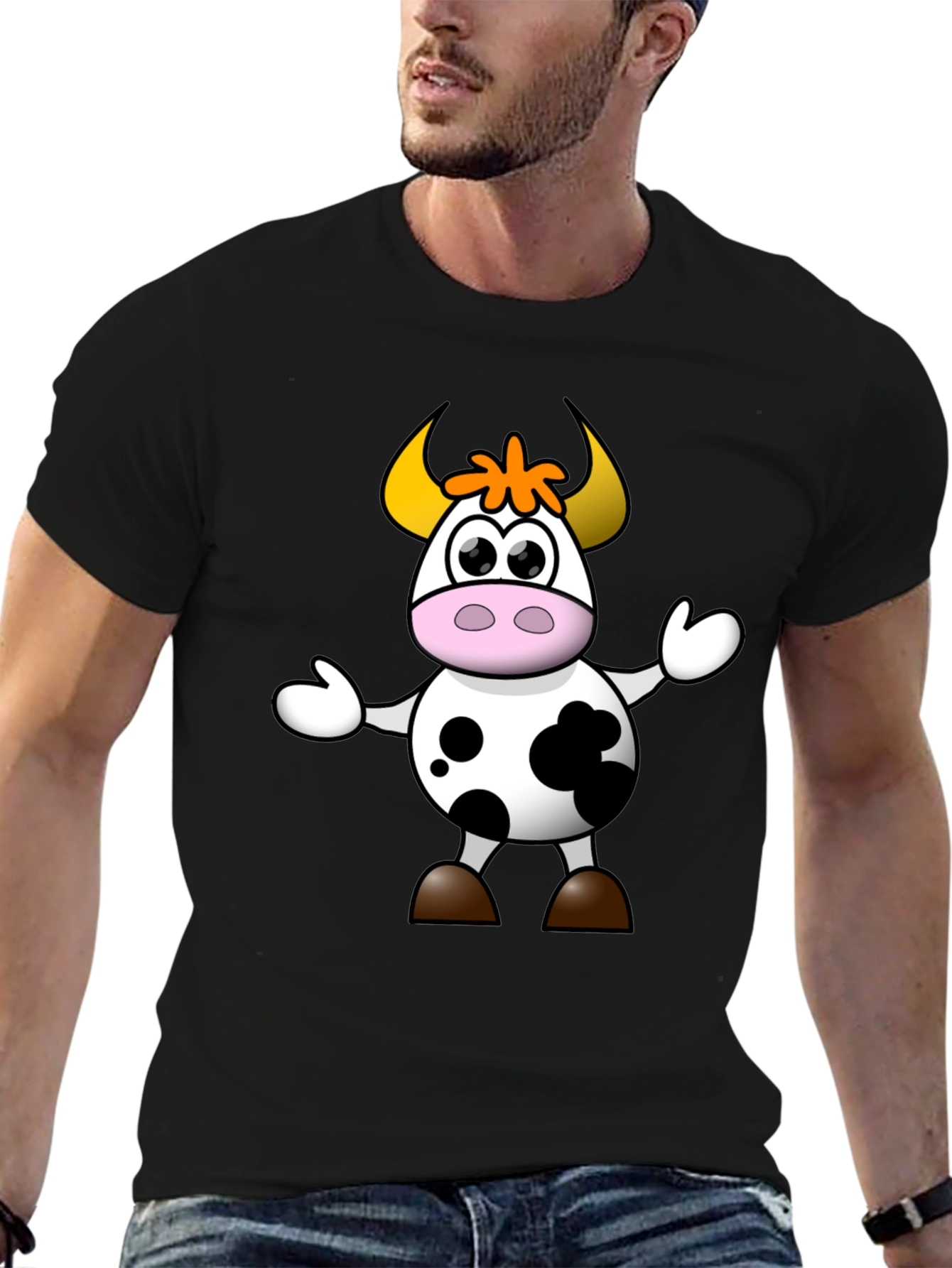Cartoon Cow Graphic Tee - Black Unisex T-Shirt