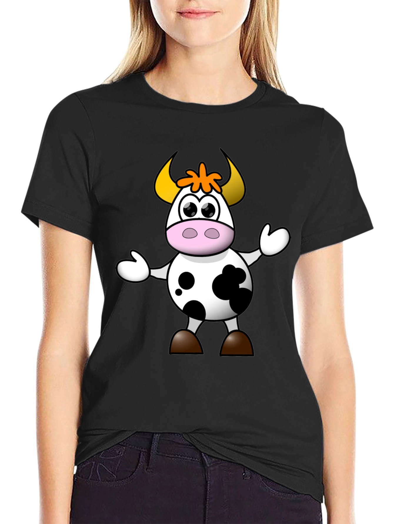 Cartoon Cow Graphic Tee - Black Unisex T-Shirt