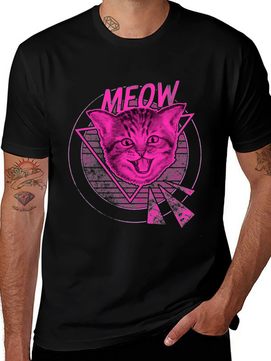 Meow Cat Graphic Tee - Retro Pink Print Black Shirt