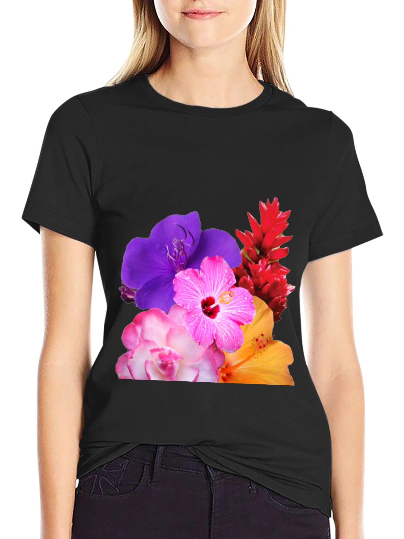 Floral Print Black T-Shirt - Vibrant Blossom Design