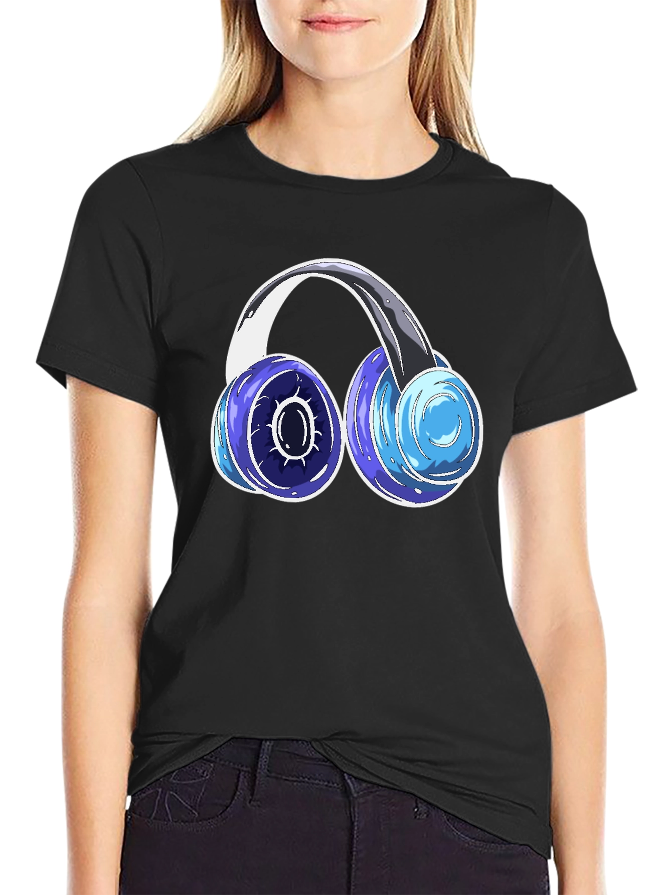Cool Headphones Graphic Tee - Black Cotton Blend