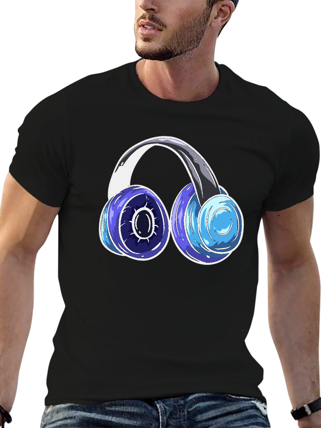 Cool Headphones Graphic Tee - Black Cotton Blend
