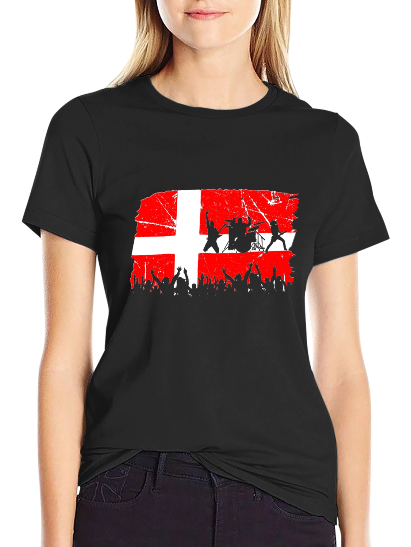 Denmark Flag Rock Band Concert Black T-Shirt