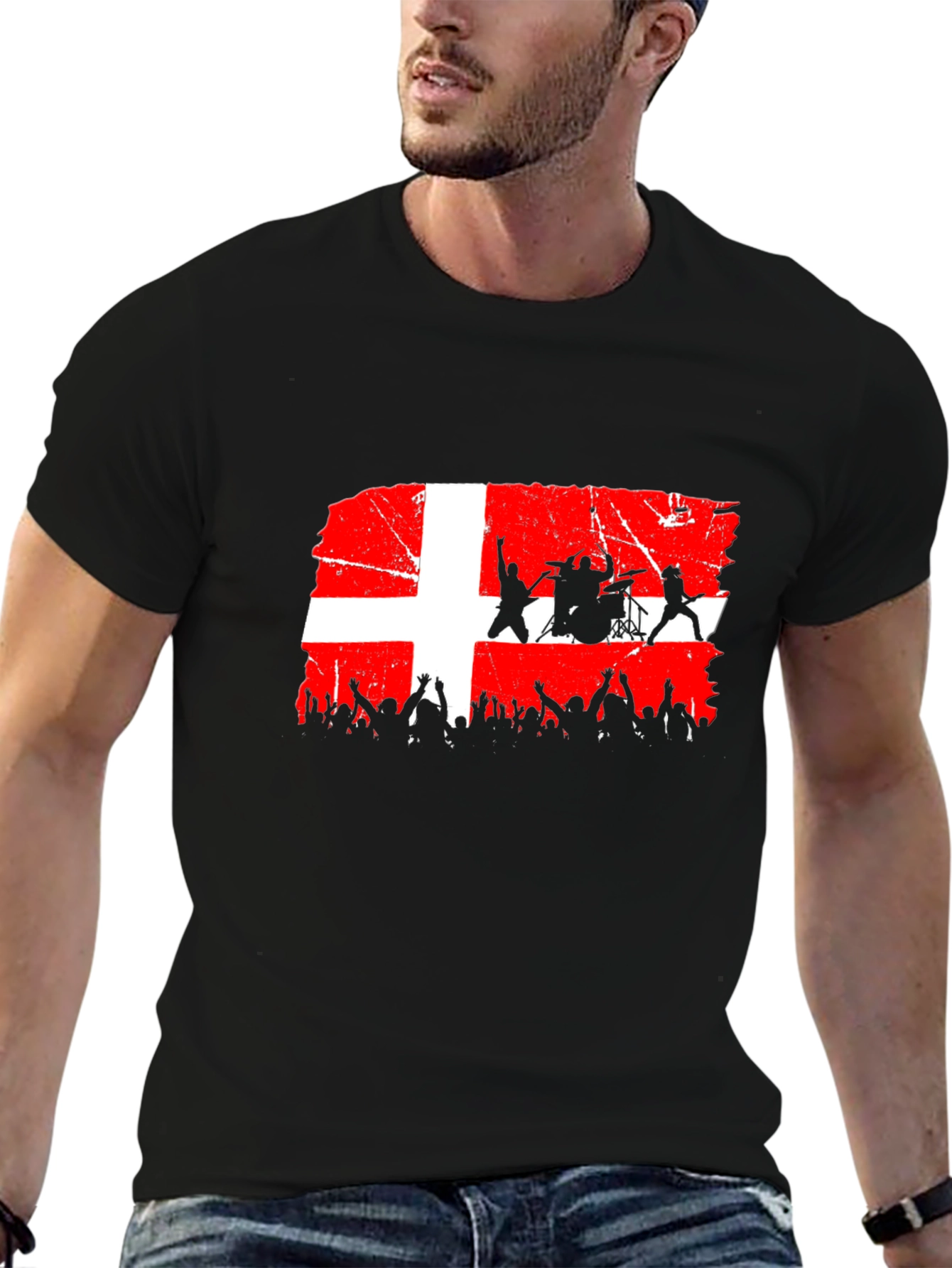 Denmark Flag Rock Band Concert Black T-Shirt