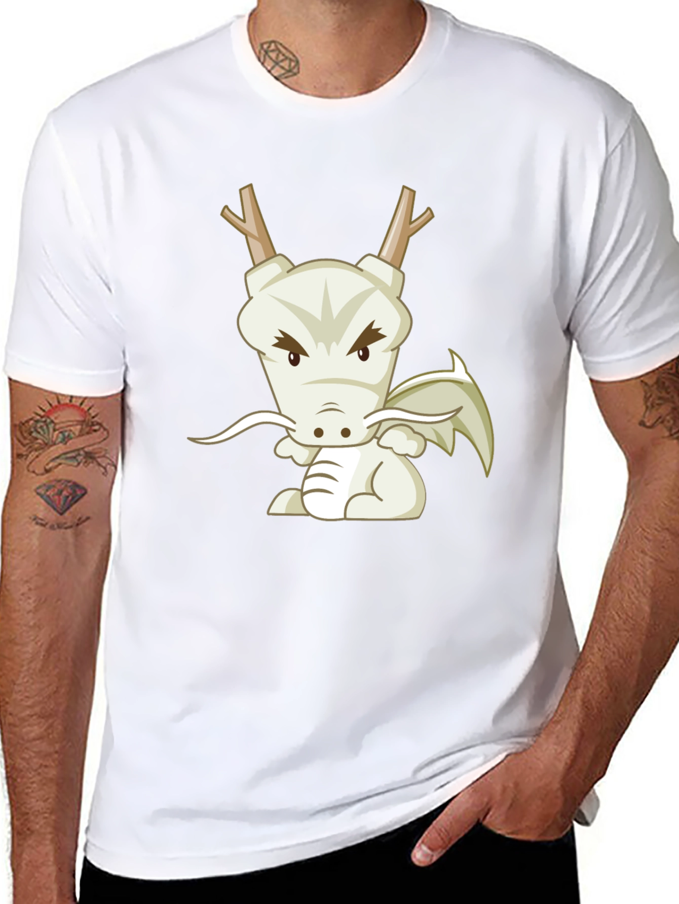 Cartoon Dragon Graphic Tee - Black Cotton T-Shirt