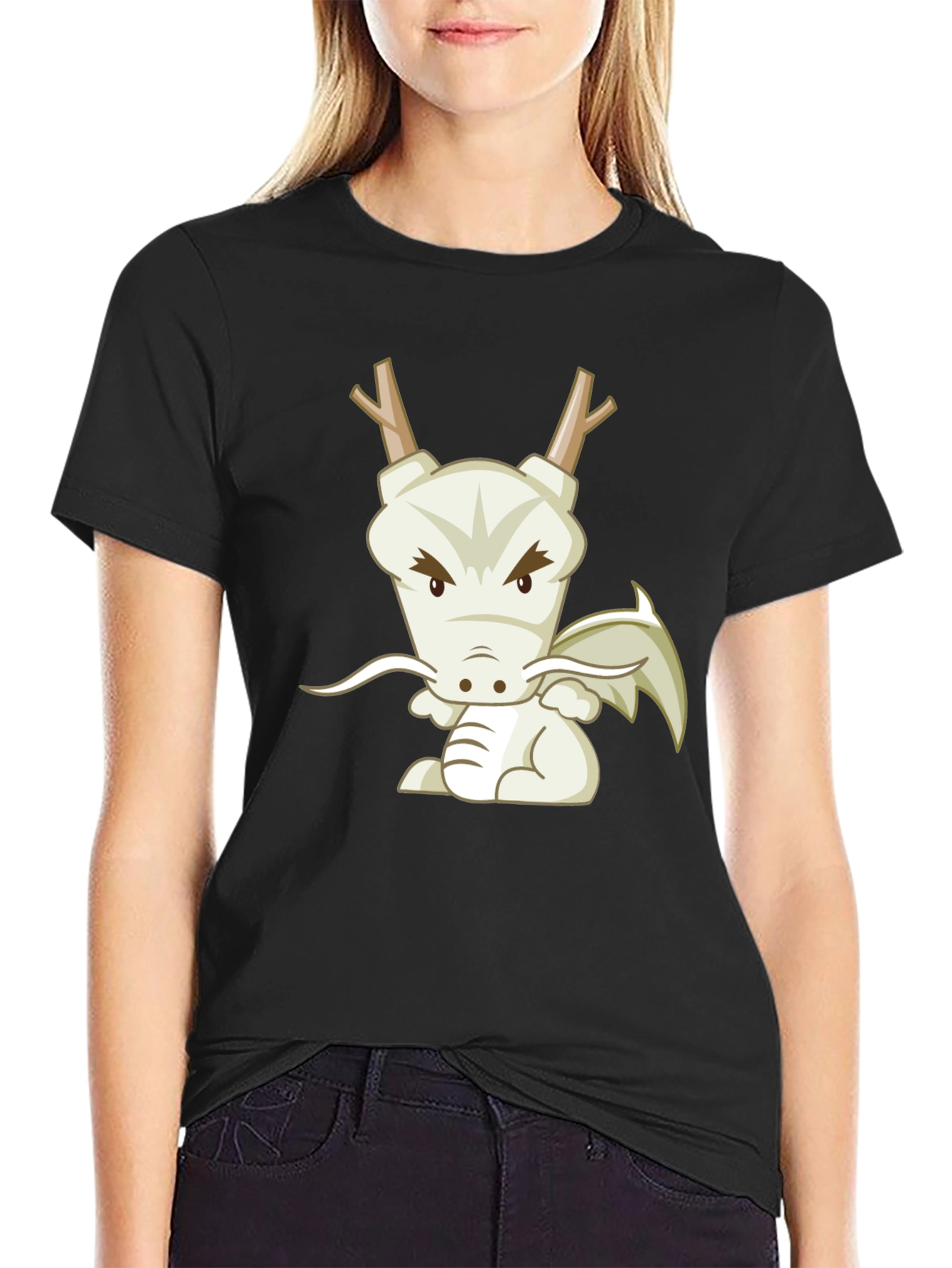 Cartoon Dragon Graphic Tee - Black Cotton T-Shirt