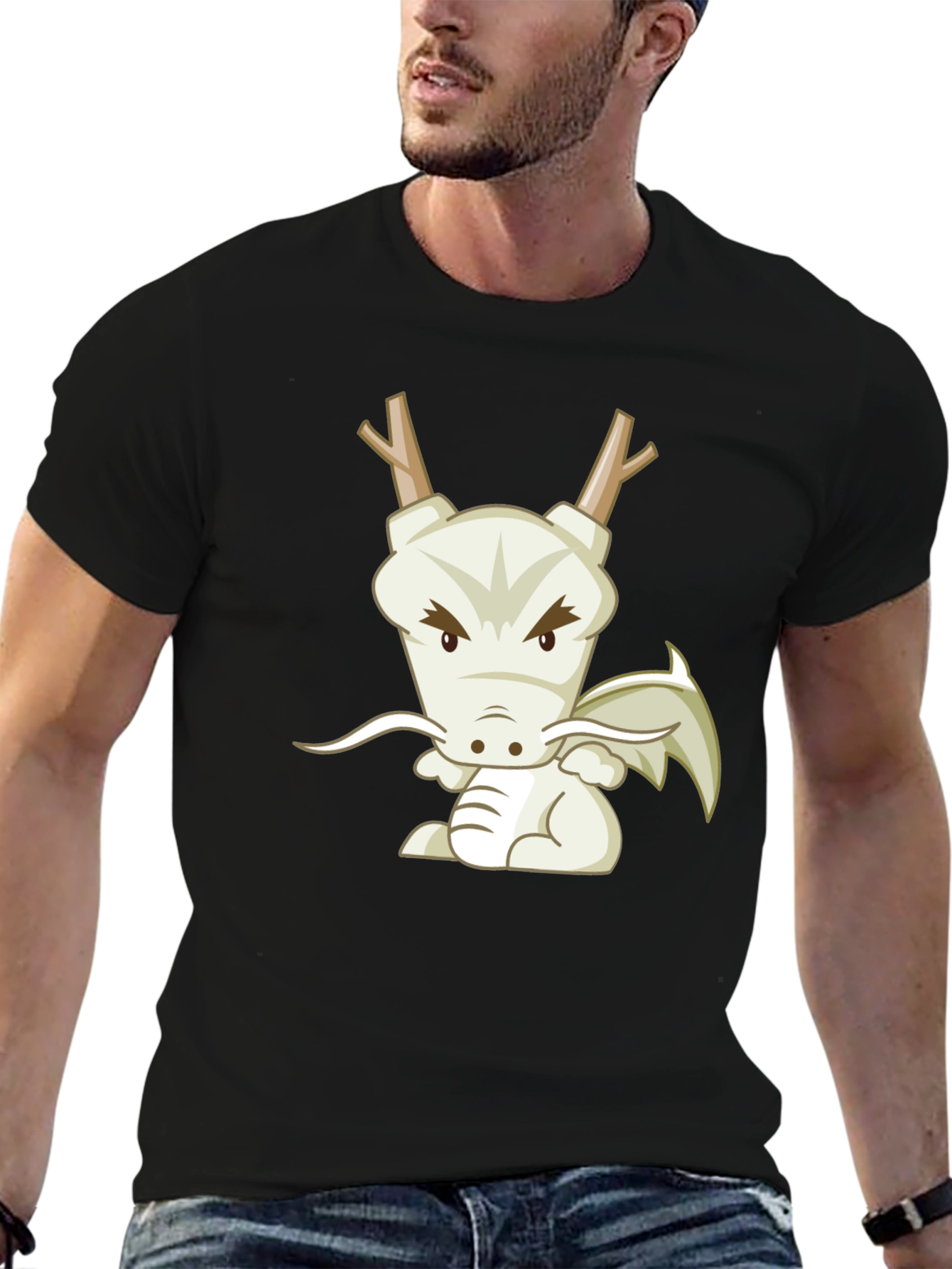 Cartoon Dragon Graphic Tee - Black Cotton T-Shirt