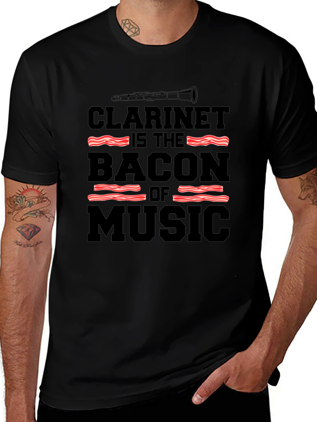 Clarinet Bacon Music Black T-Shirt