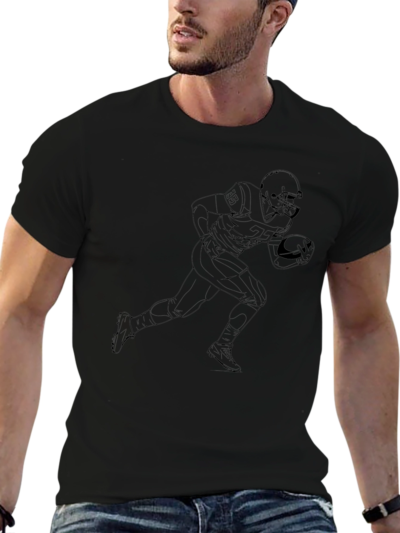 Football Player Outline Black T-Shirt