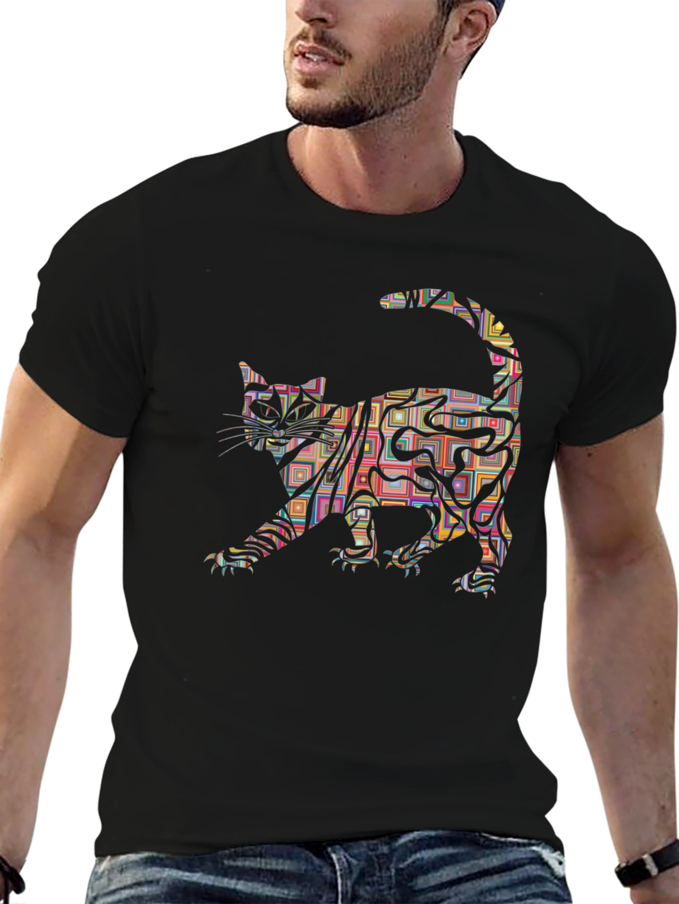 Abstract Cat Graphic Tee - Modern Mens T-Shirt